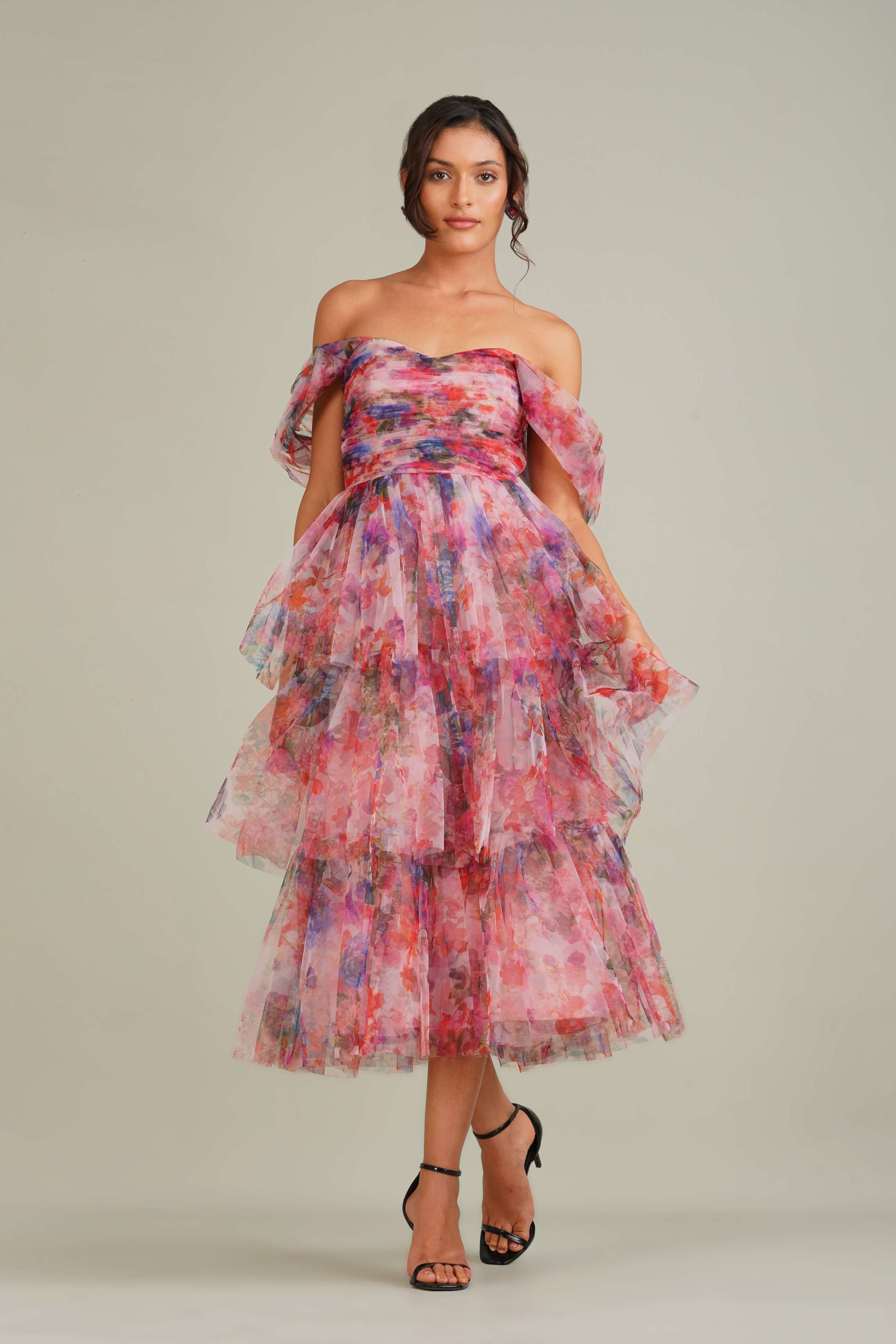 Off Shoulder Floral Pink Print Layered Midi Dress