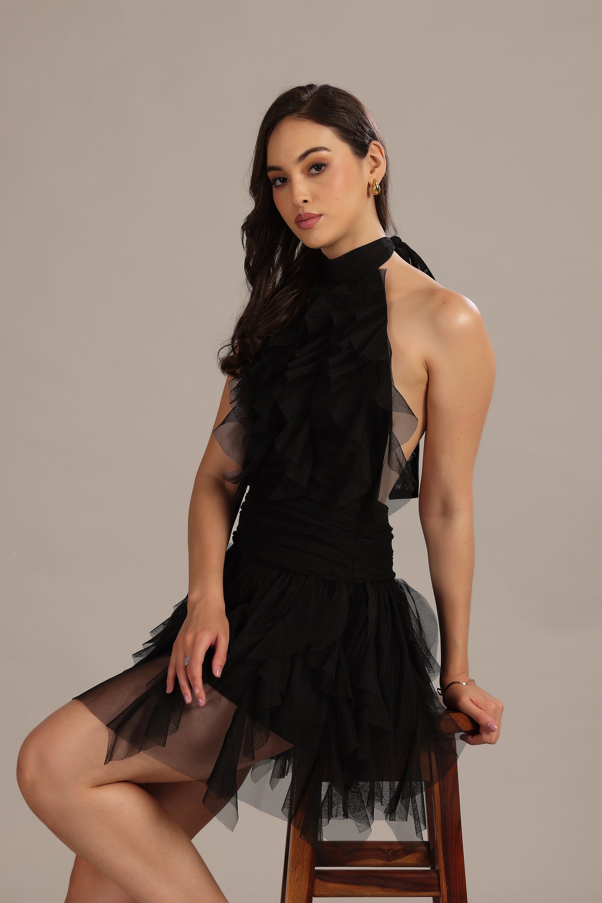 Tabitha Tulle Mini Ruffle Dress in Black