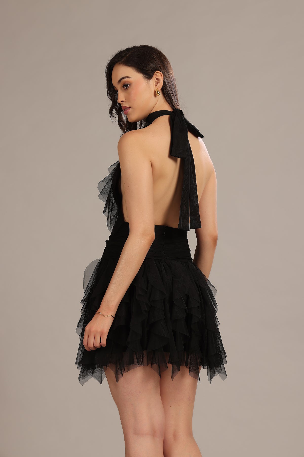 Tabitha Tulle Mini Ruffle Dress in Black
