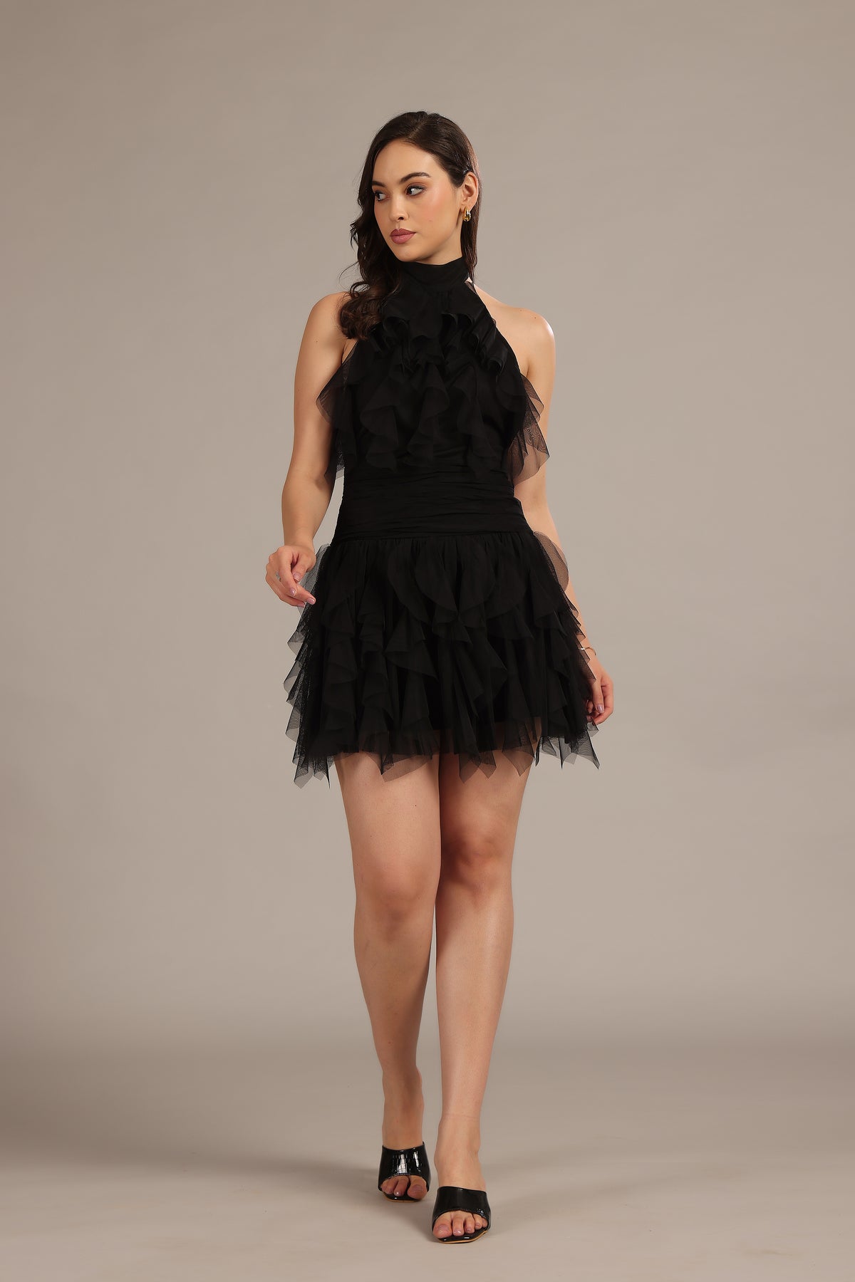 Tabitha Tulle Mini Ruffle Dress in Black
