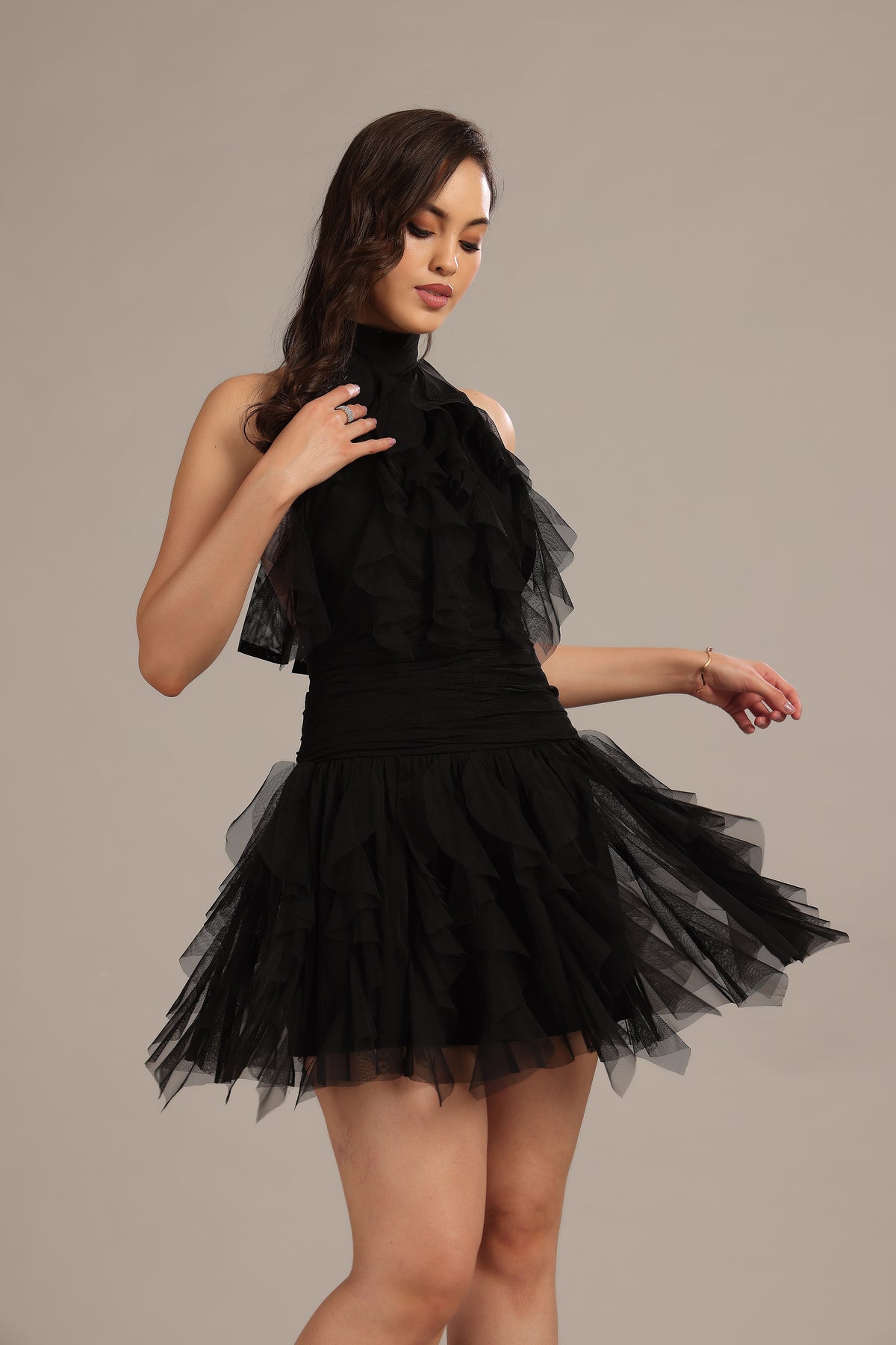 Tabitha Tulle Mini Ruffle Dress in Black