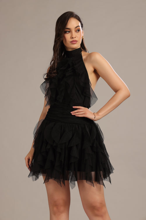 Tabitha Tulle Mini Ruffle Dress in Black