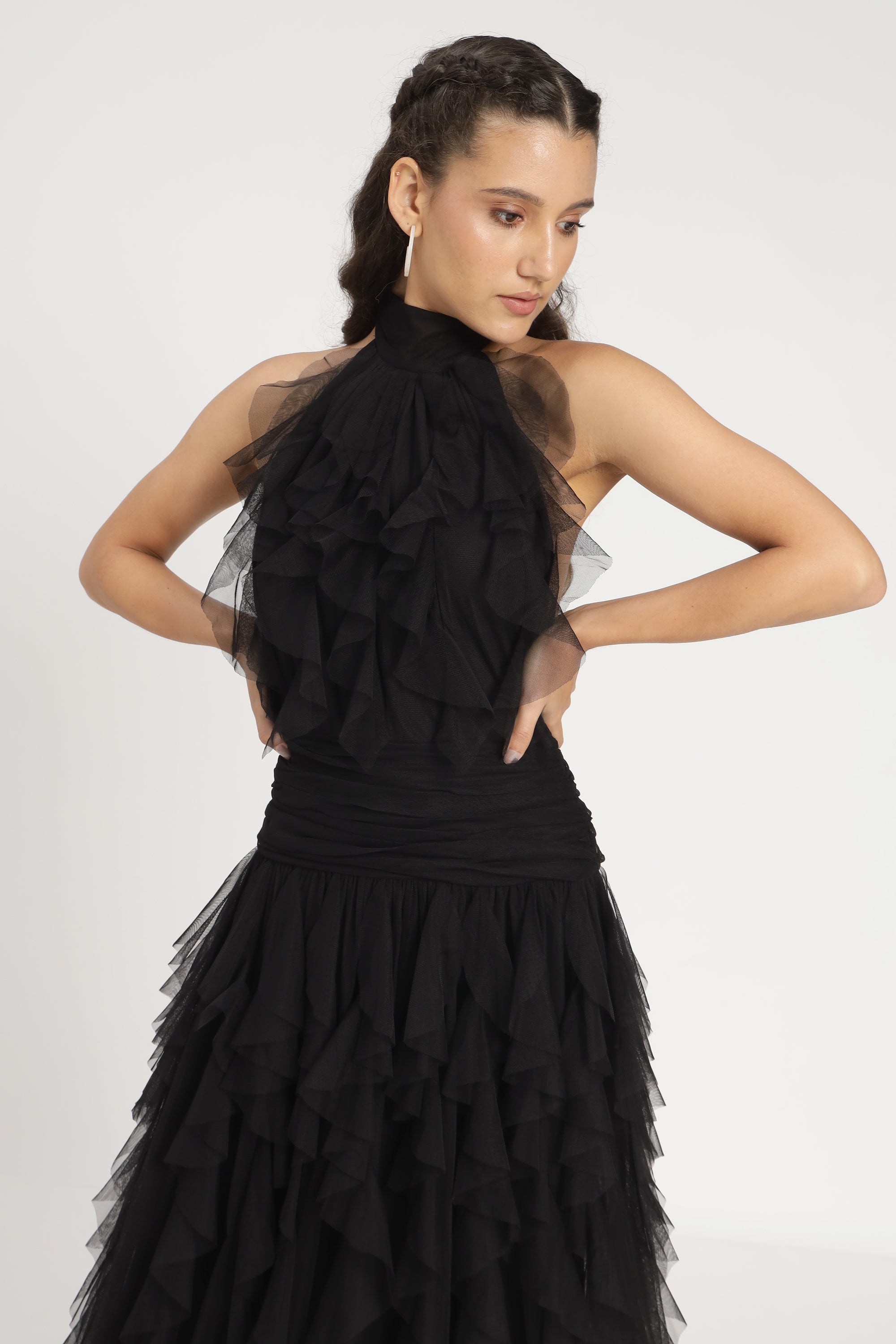 Tabitha Tulle Maxi Ruffle Dress in Black