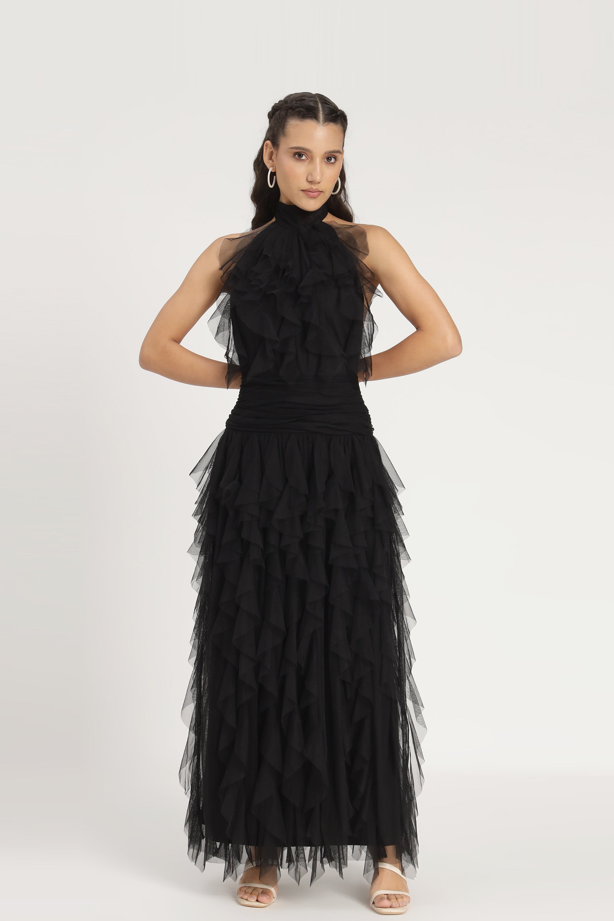 Tabitha Tulle Maxi Ruffle Dress in Black