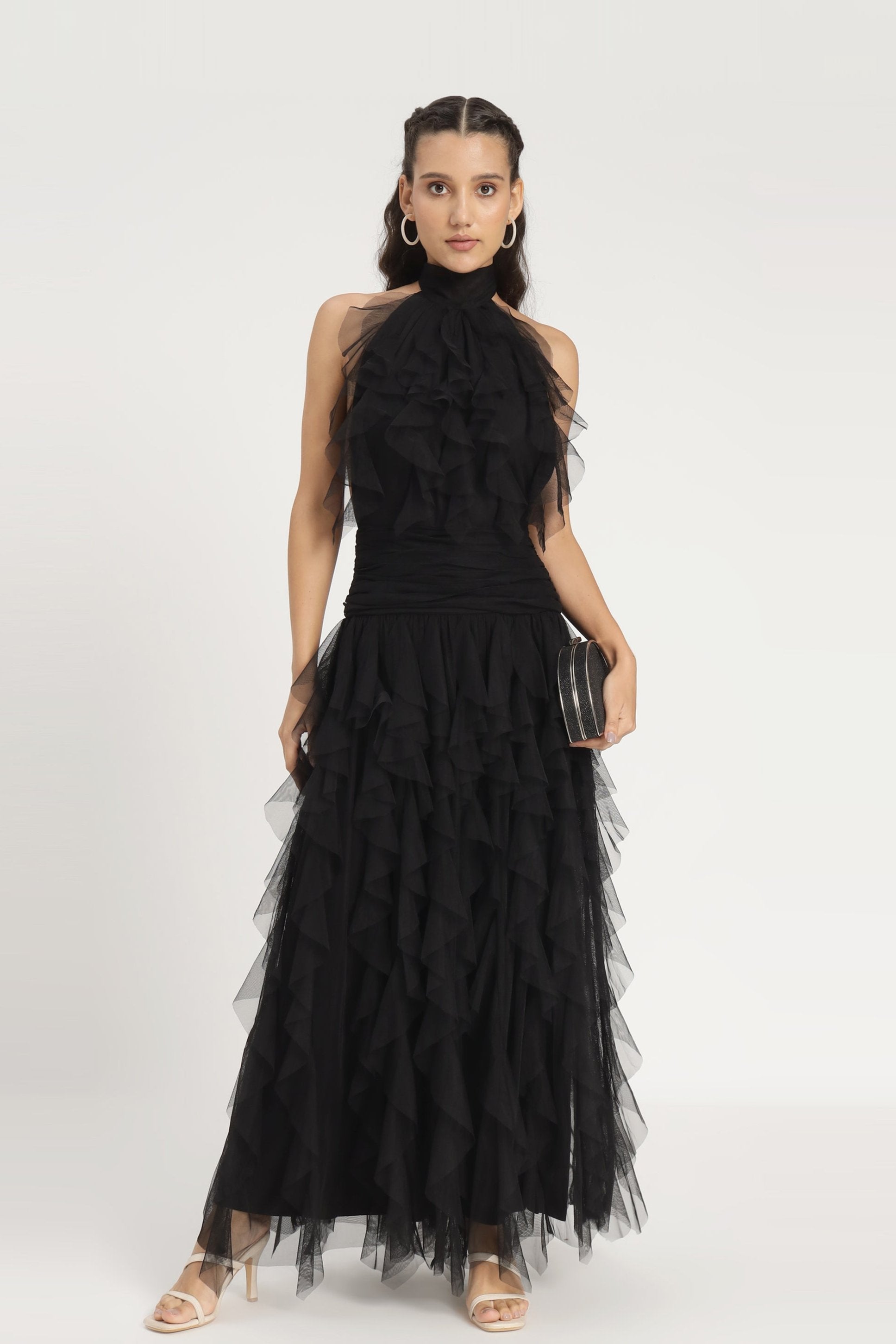 Tabitha Tulle Maxi Ruffle Dress in Black