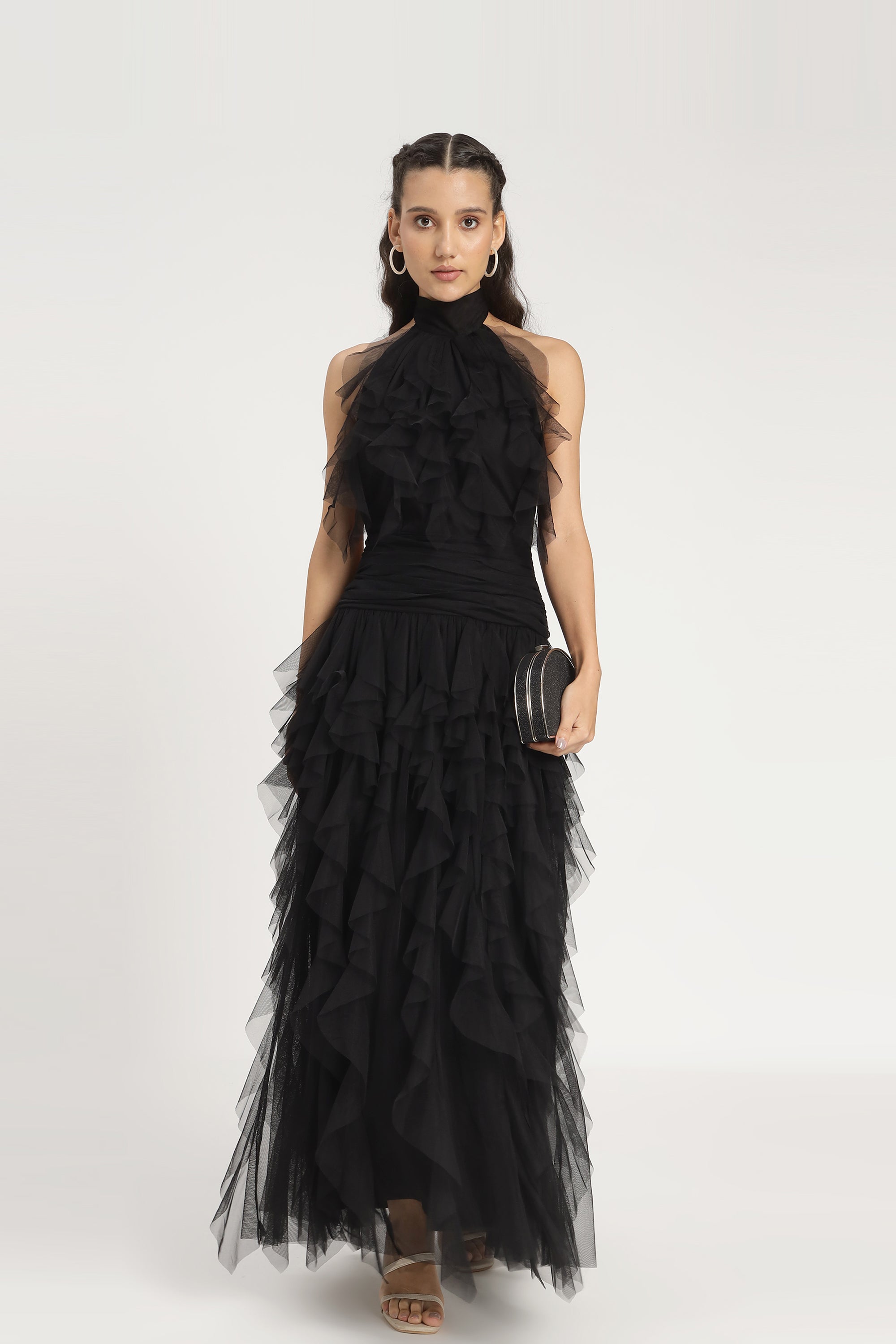 Tabitha Tulle Maxi Ruffle Dress in Black
