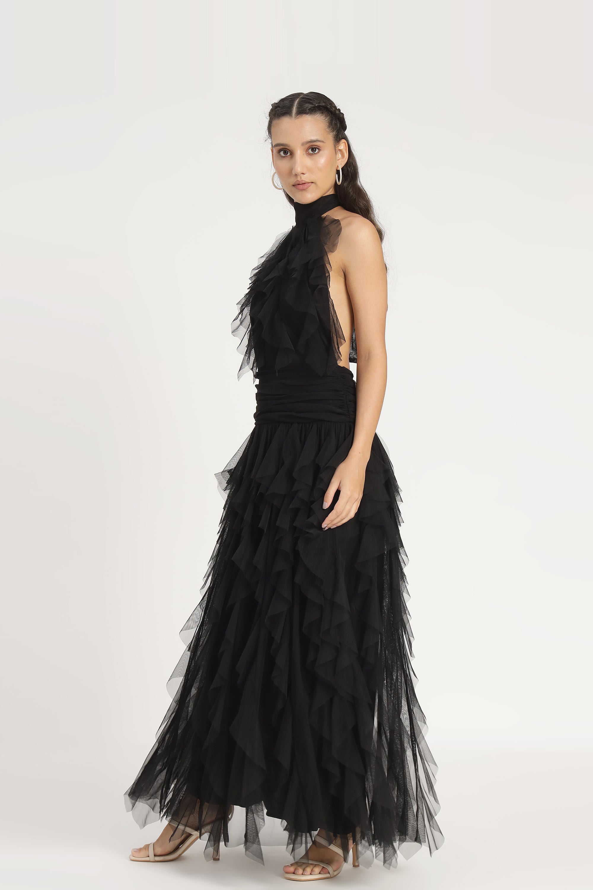 Tabitha Tulle Maxi Ruffle Dress in Black