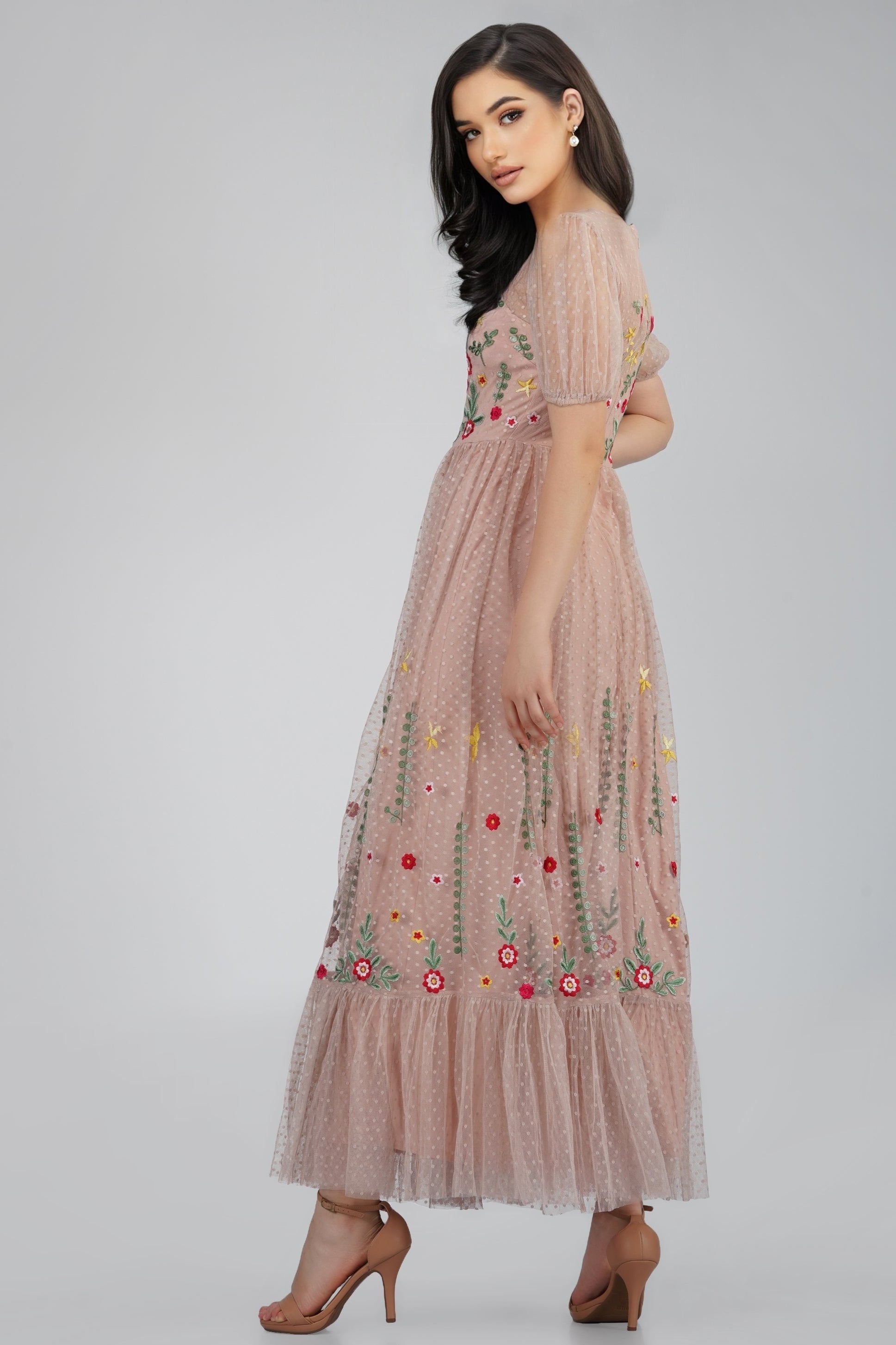 Azalea Dusty Pink Embroidered Dress - UK6 / Dusty Pink Azalea Dusty Pink Embroidered Dress - UK6 / Dusty Pink