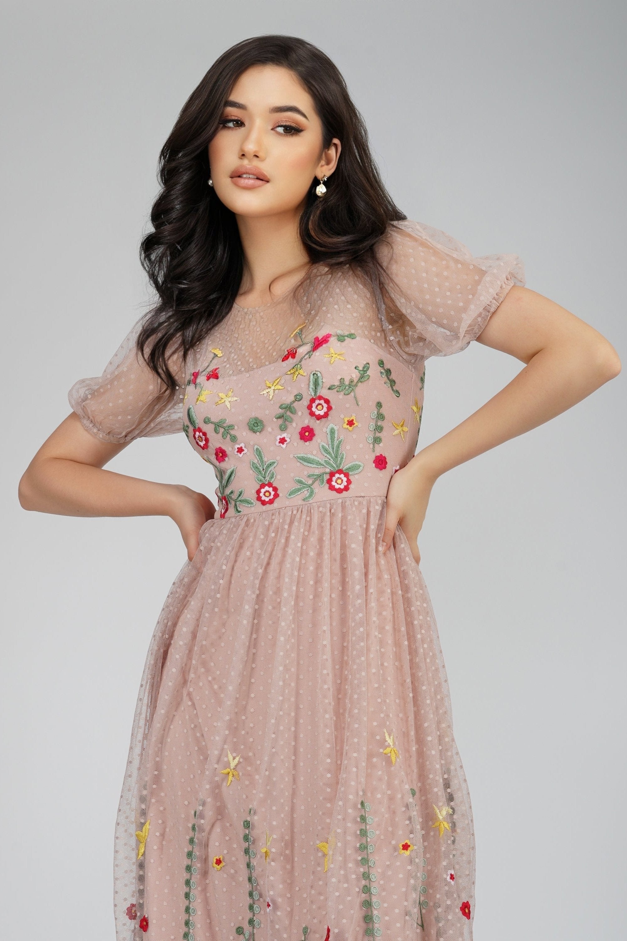 Azalea Dusty Pink Embroidered Dress - UK6 / Dusty Pink