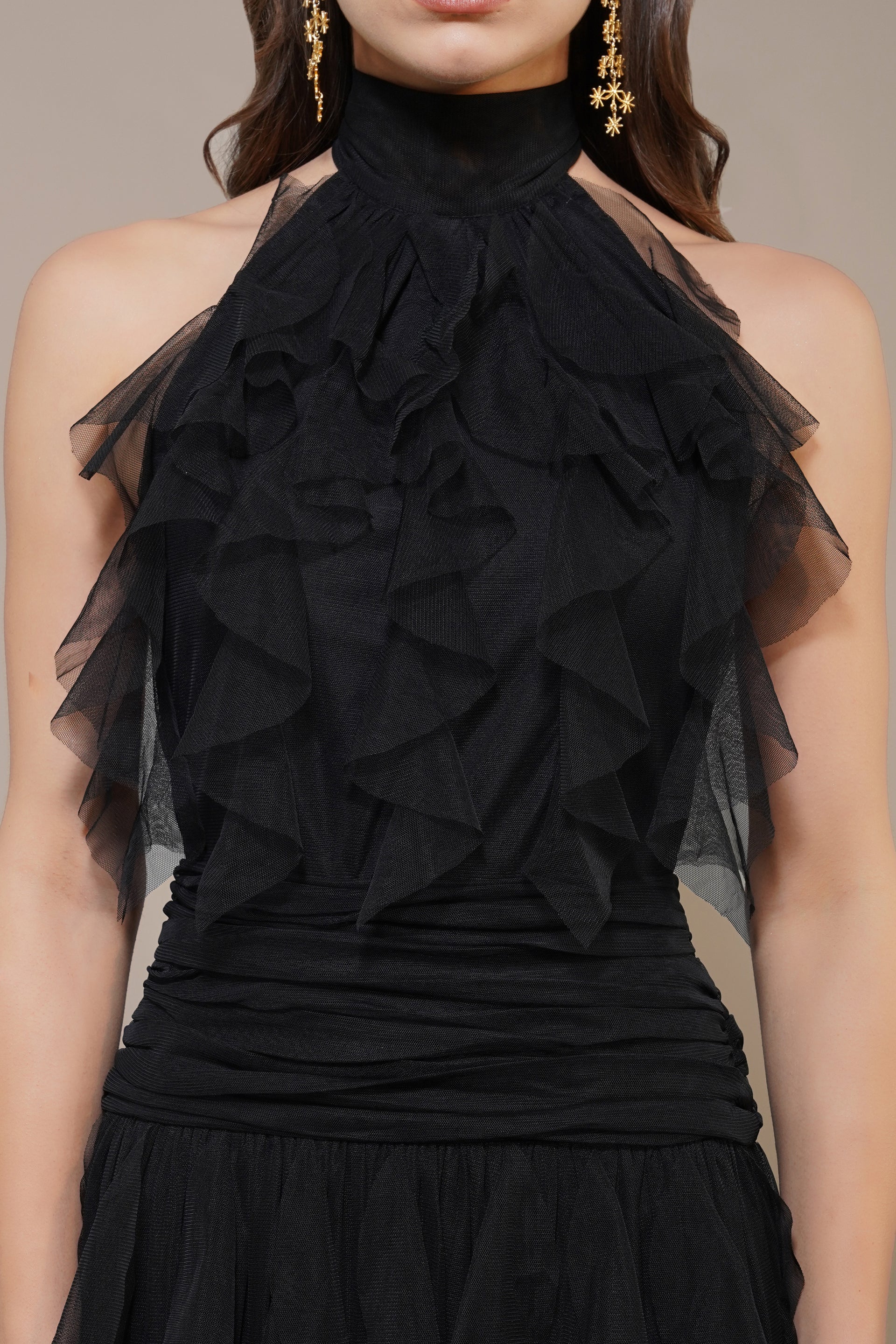 Tabitha Tulle Maxi Ruffle Dress in Black