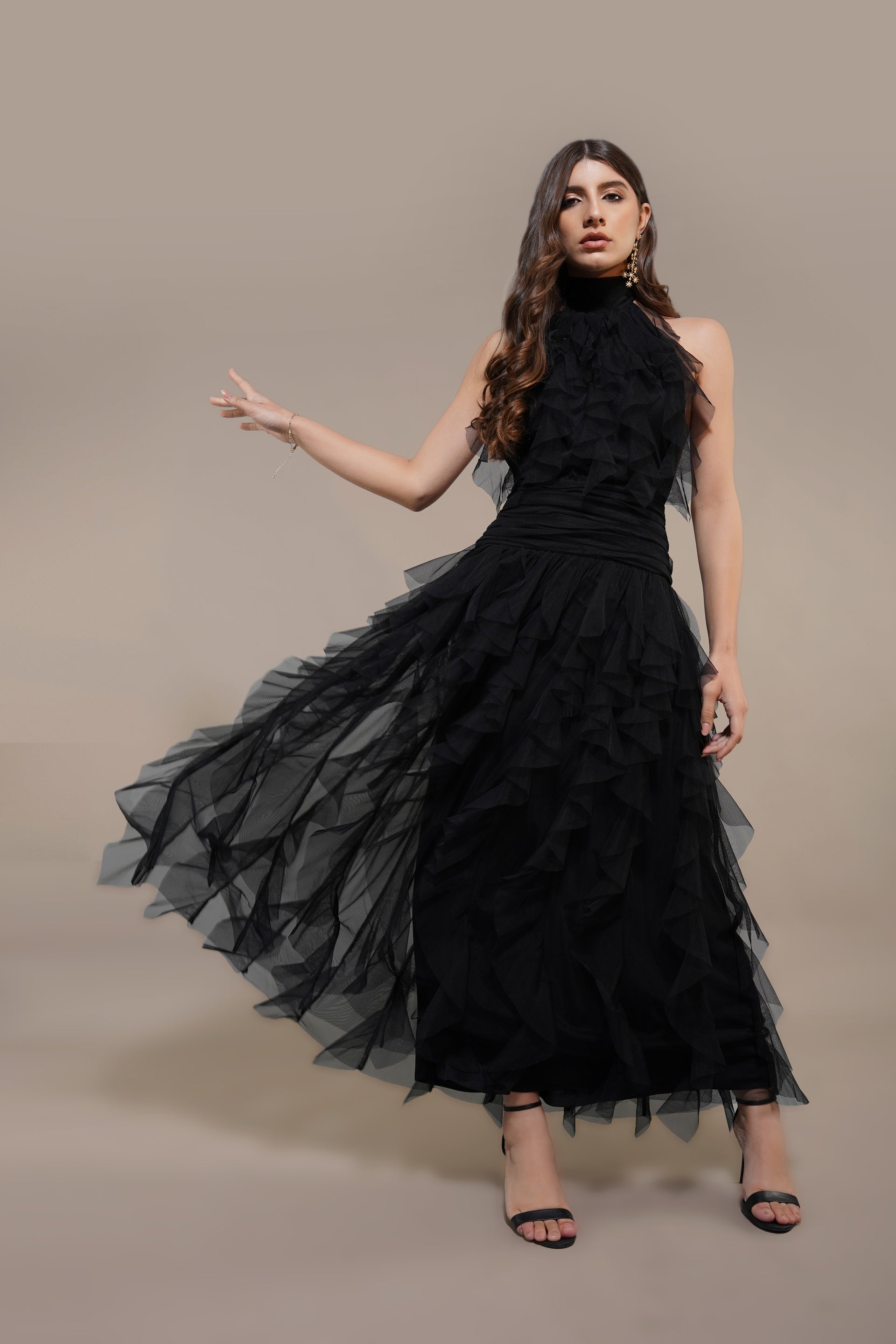 Tabitha Tulle Maxi Ruffle Dress in Black