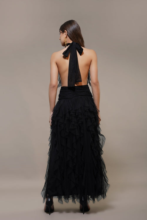 Tabitha Tulle Maxi Ruffle Dress in Black