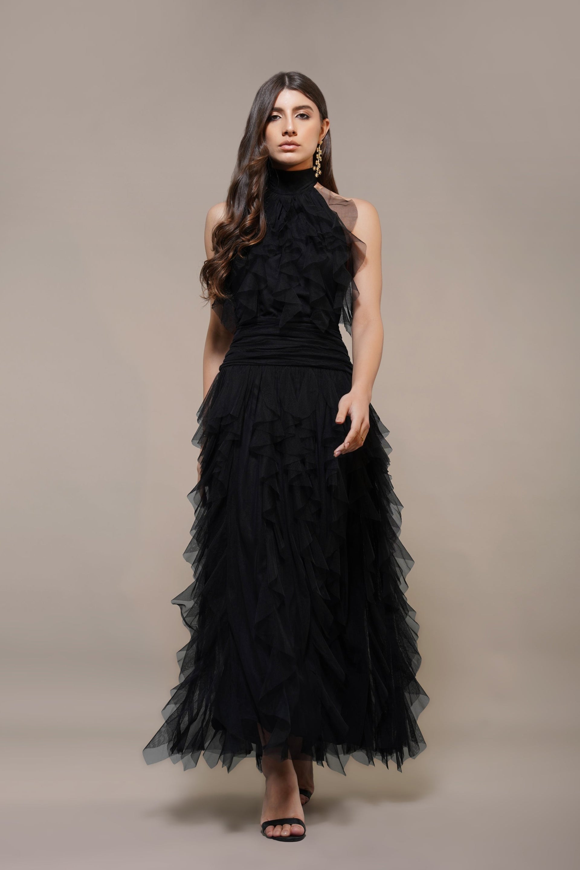 Backless High Neck Ruffle Evening Cinched Waist Tulle Black Maxi Dress