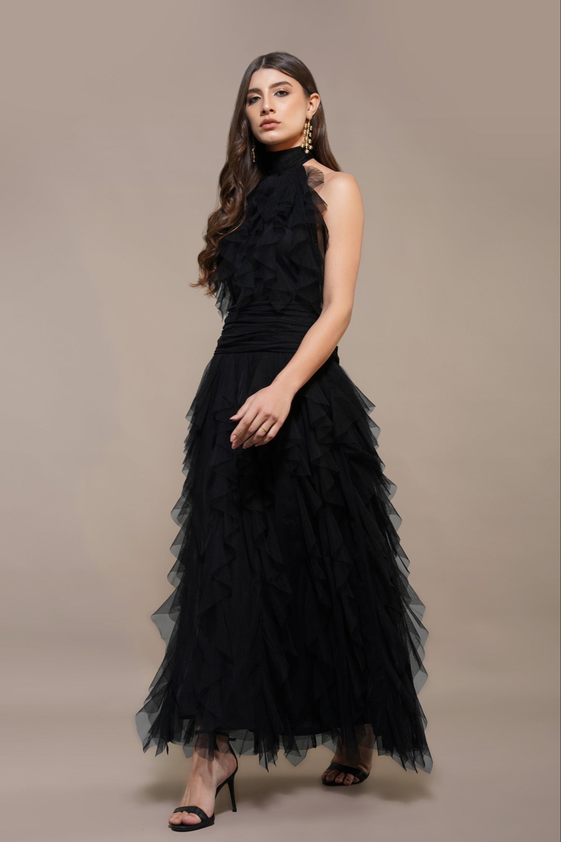 Tabitha Tulle Maxi Ruffle Dress in Black