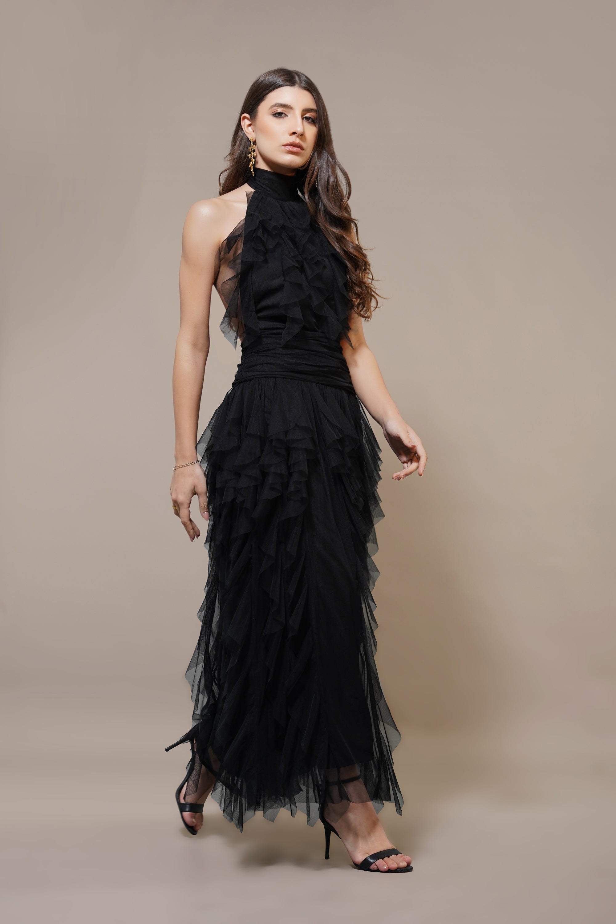 Tabitha Tulle Maxi Ruffle Dress in Black