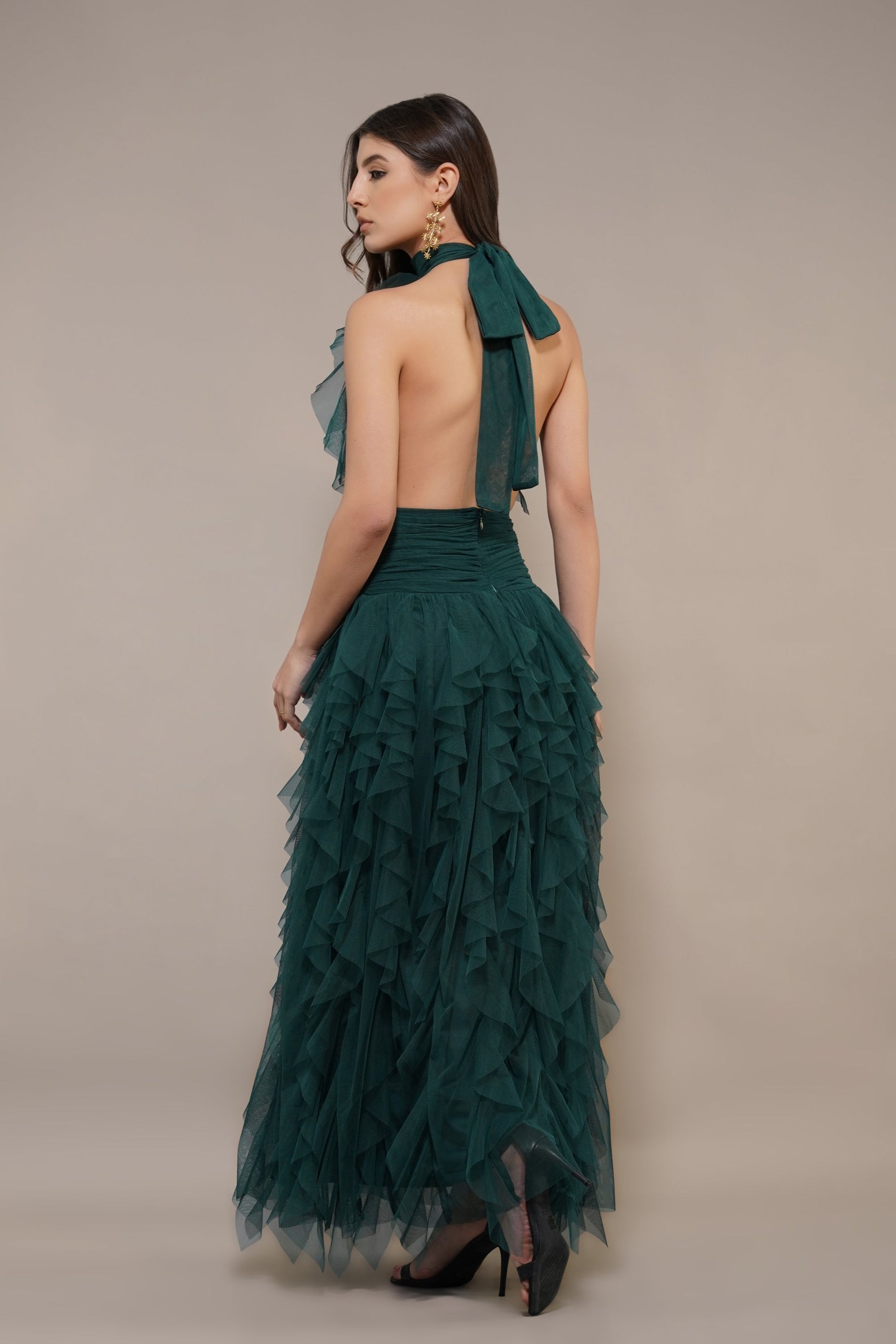Tabitha Tulle Maxi Ruffle Dress in Forest Green