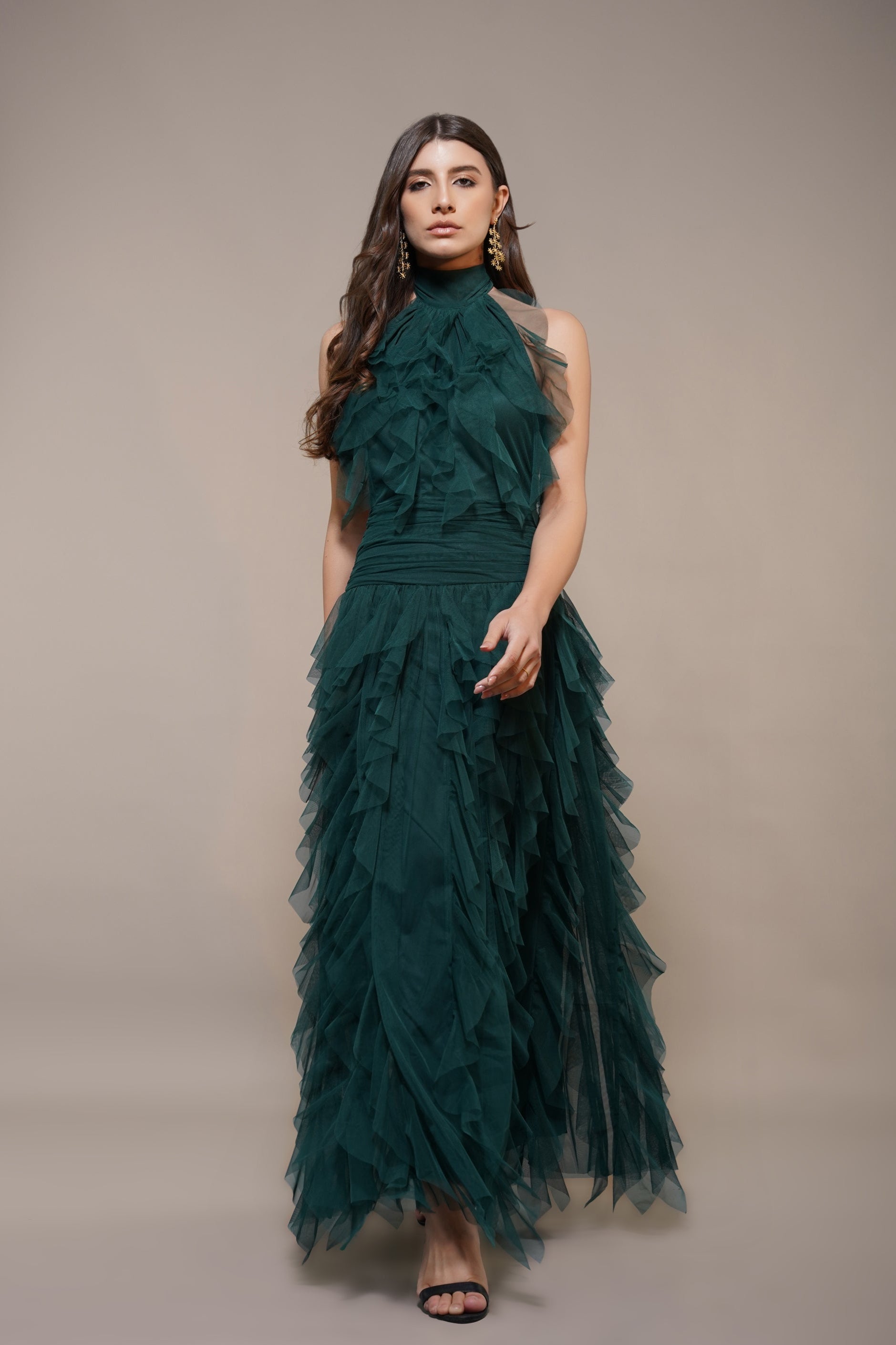 Tabitha Tulle Maxi Ruffle Dress in Forest Green