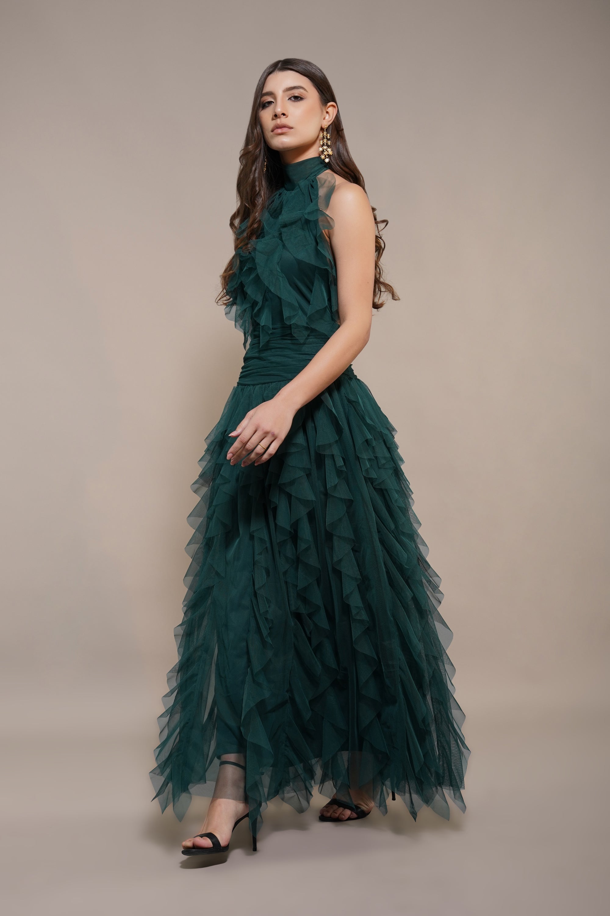 Tabitha Tulle Maxi Ruffle Dress in Forest Green