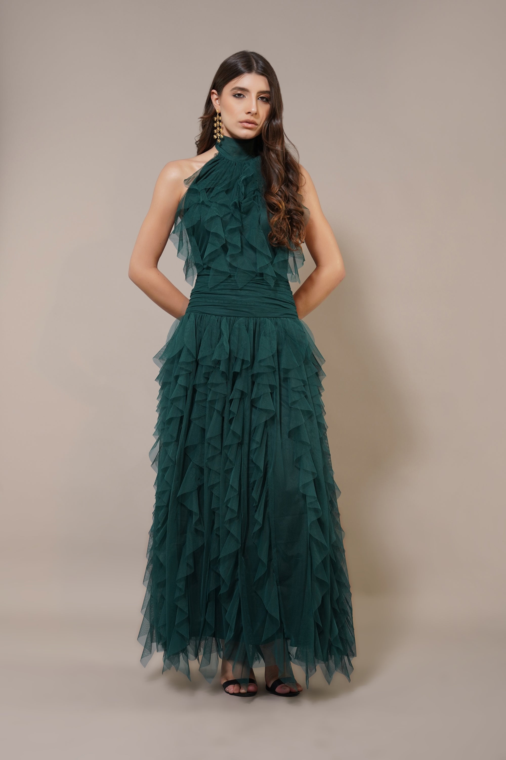Tabitha Tulle Maxi Ruffle Dress in Forest Green