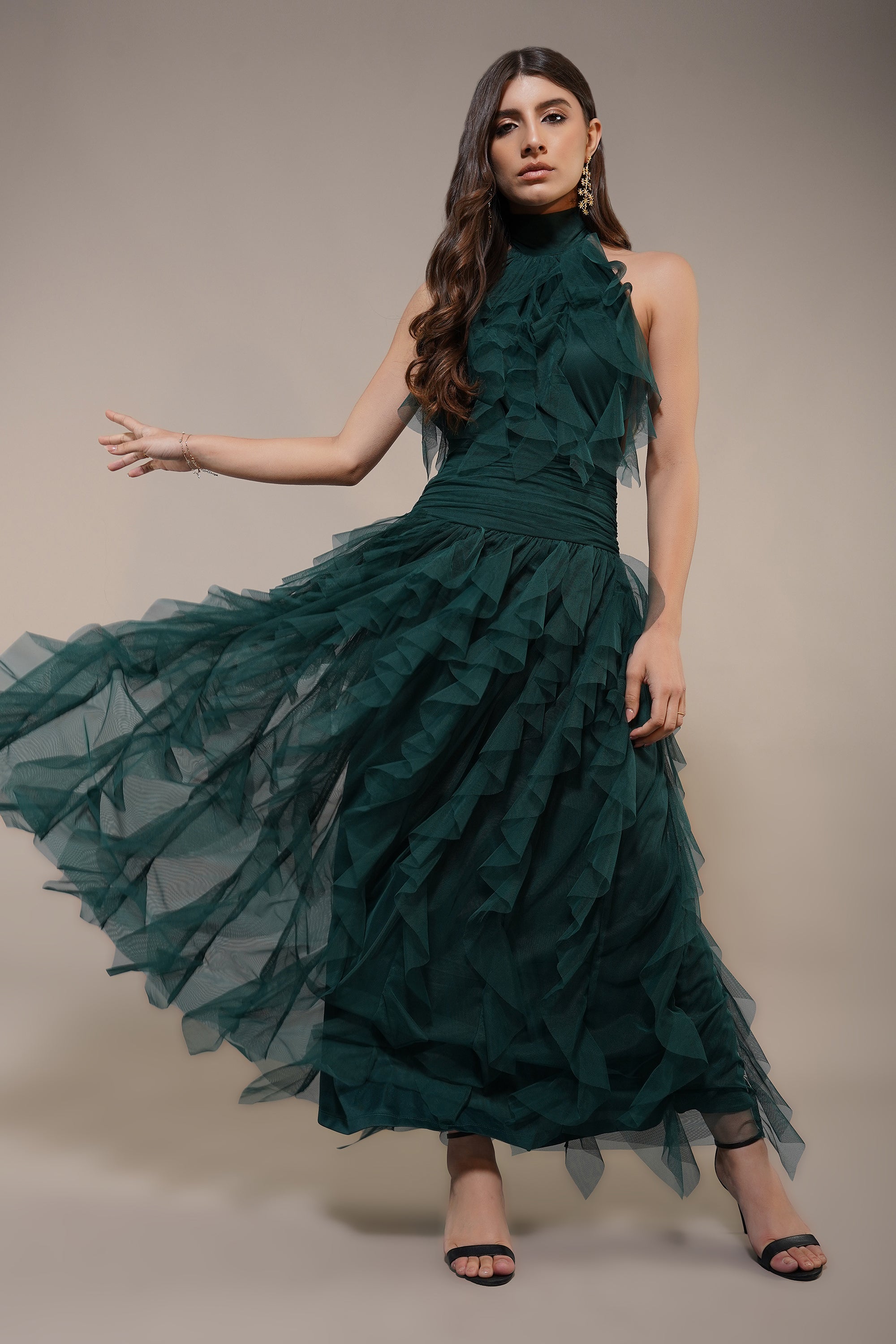 Tabitha Tulle Maxi Ruffle Dress in Forest Green