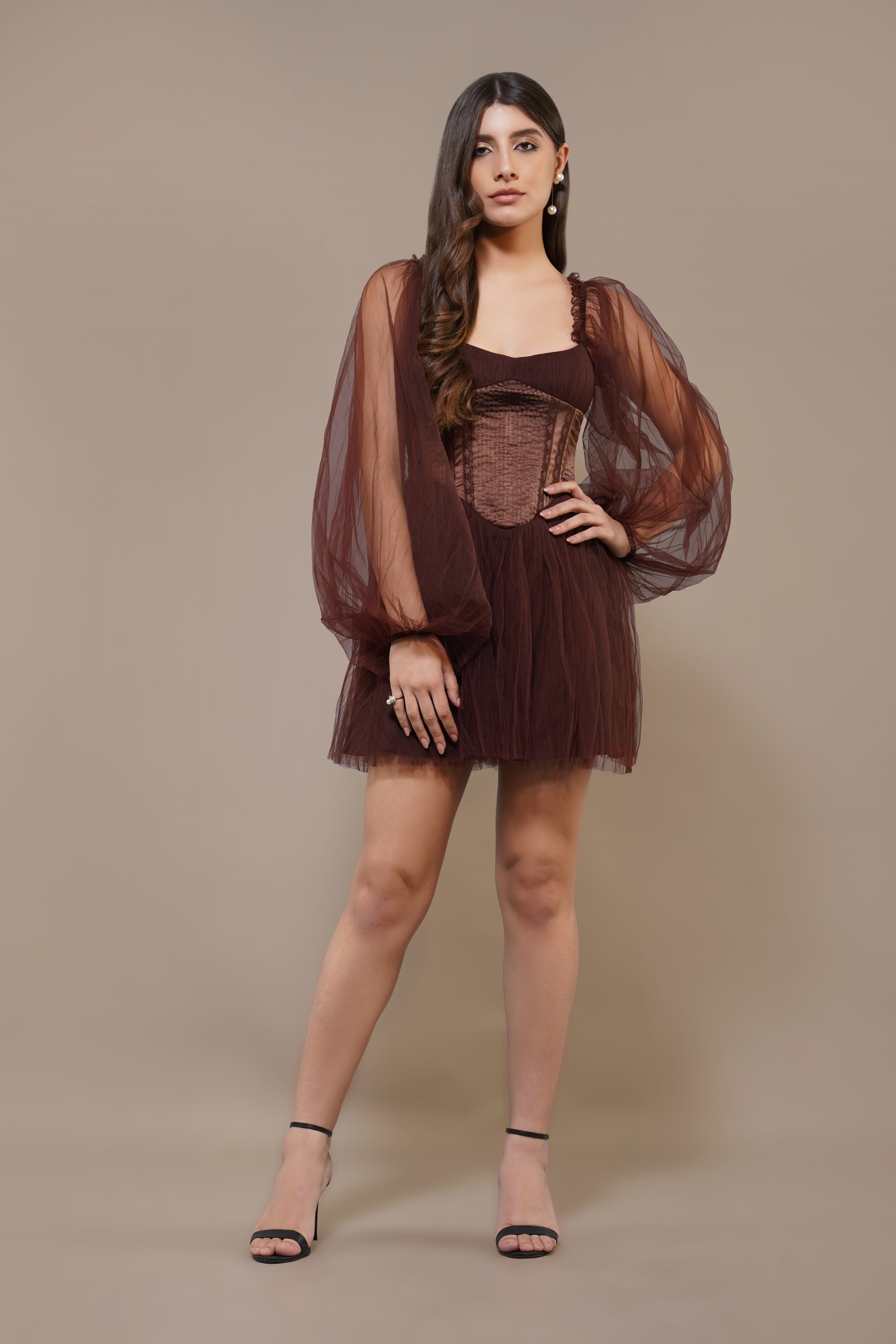 Tara Mini Dress in Coffee Brown UK14 / Coffee Brown