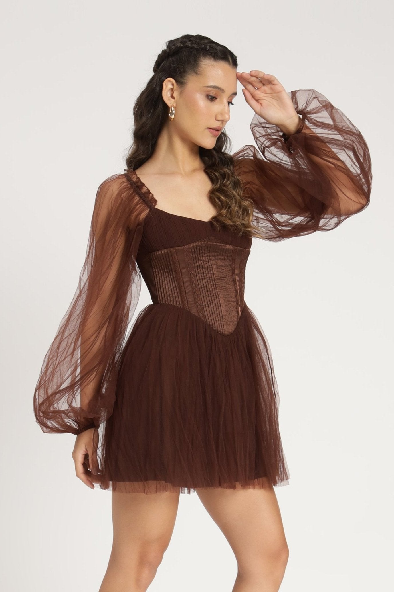 Tulle coffee brown mini dress satin corset bodice long-sleeve