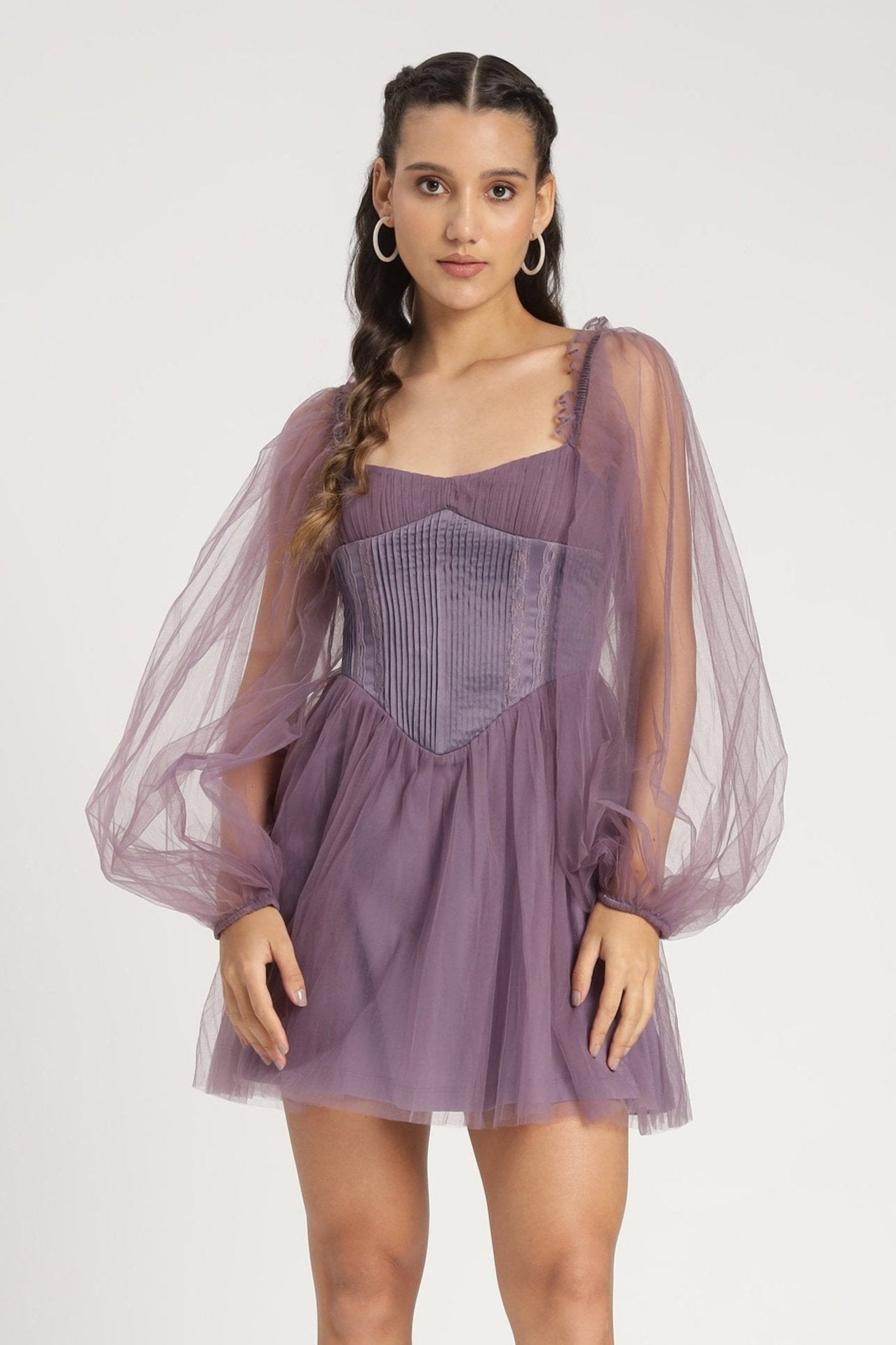 Tulle lilac mini dress satin corset bodice long-sleeve