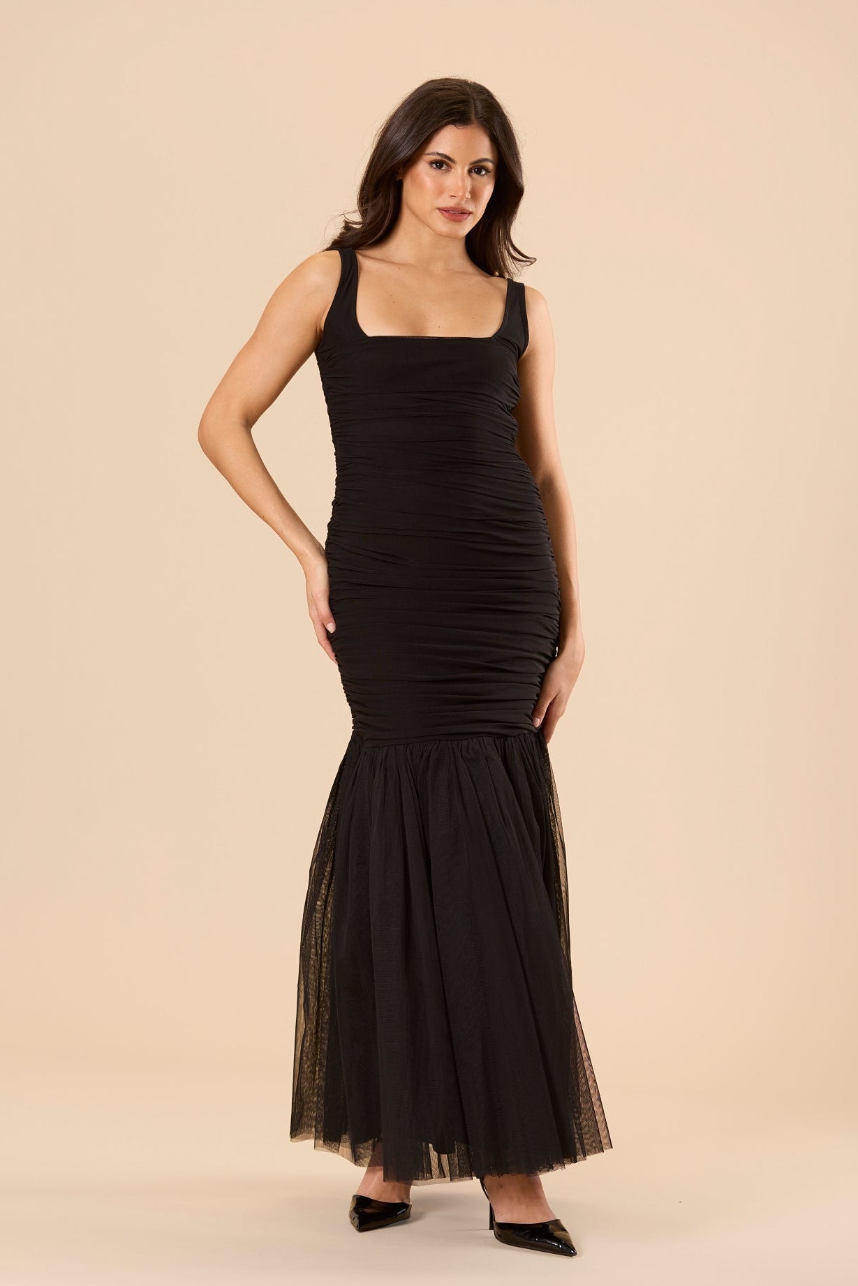 Tulle Maxi Black Square Evening Fit and Flare Mermaid Gown Dress