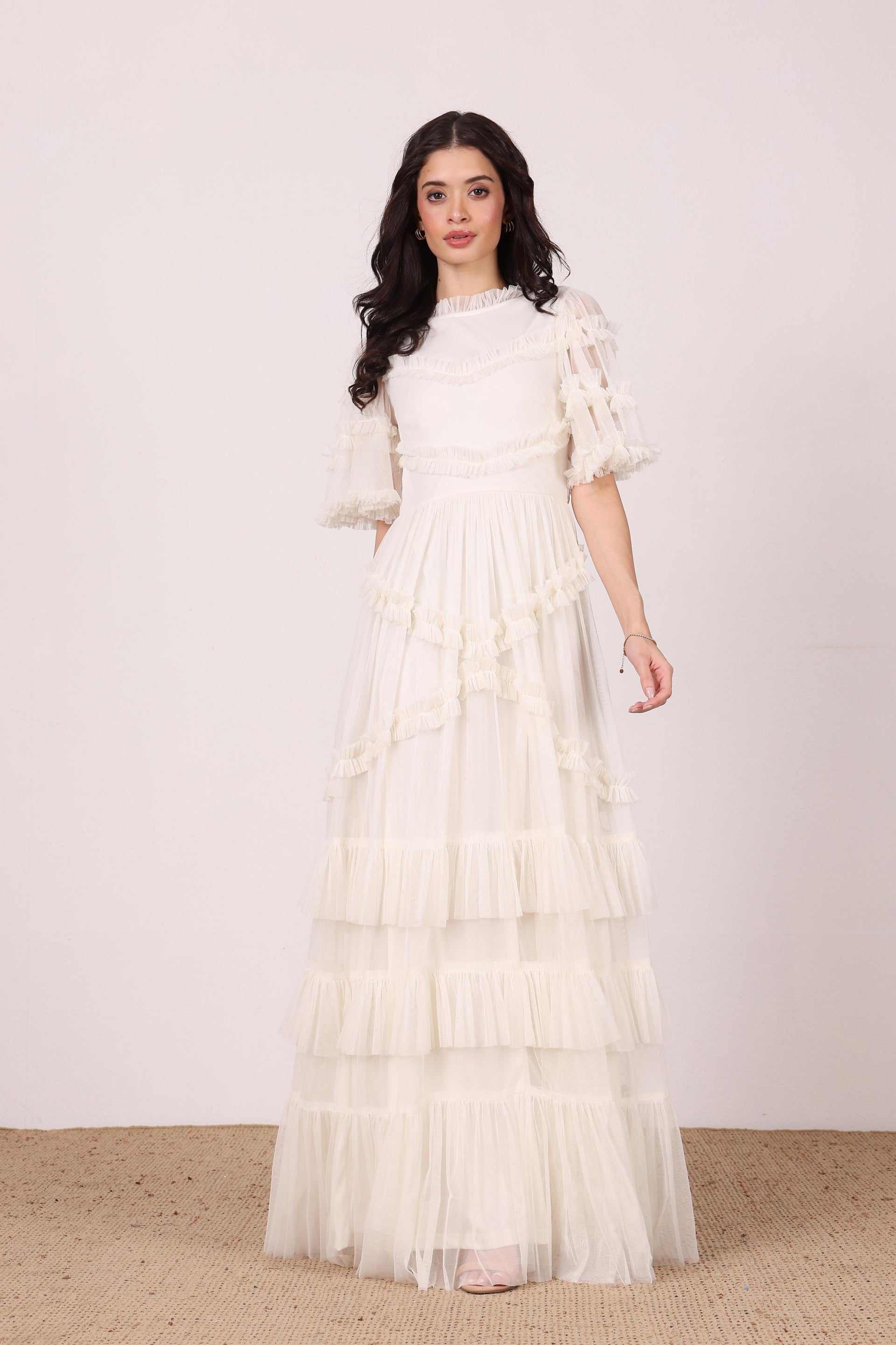 Bridal Bride Wedding Dress Cream Ivory White ruffle short sleeve maxi ruffle tulle mesh dress