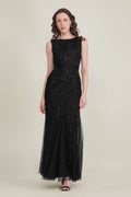Embellished Sequin Sleeveless Godet Fit and Flare Formal Black Tie Maxi Dress