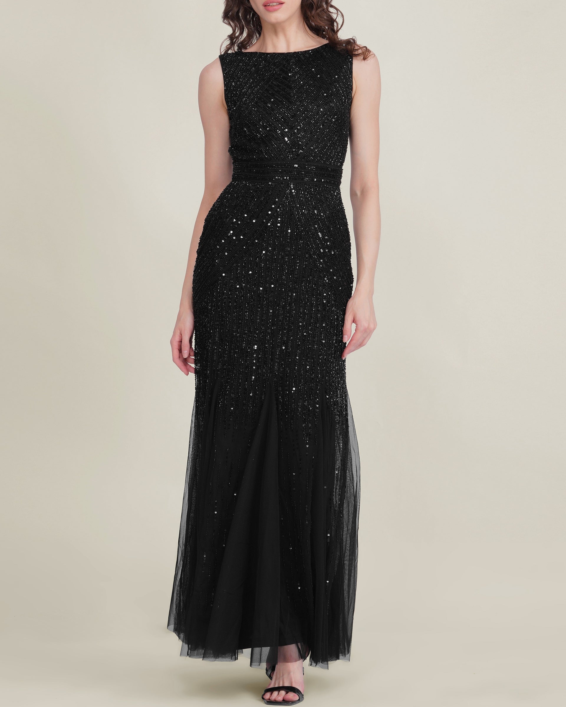Embellished Sequin Sleeveless Godet Fit and Flare Formal Black Tie Maxi Dress