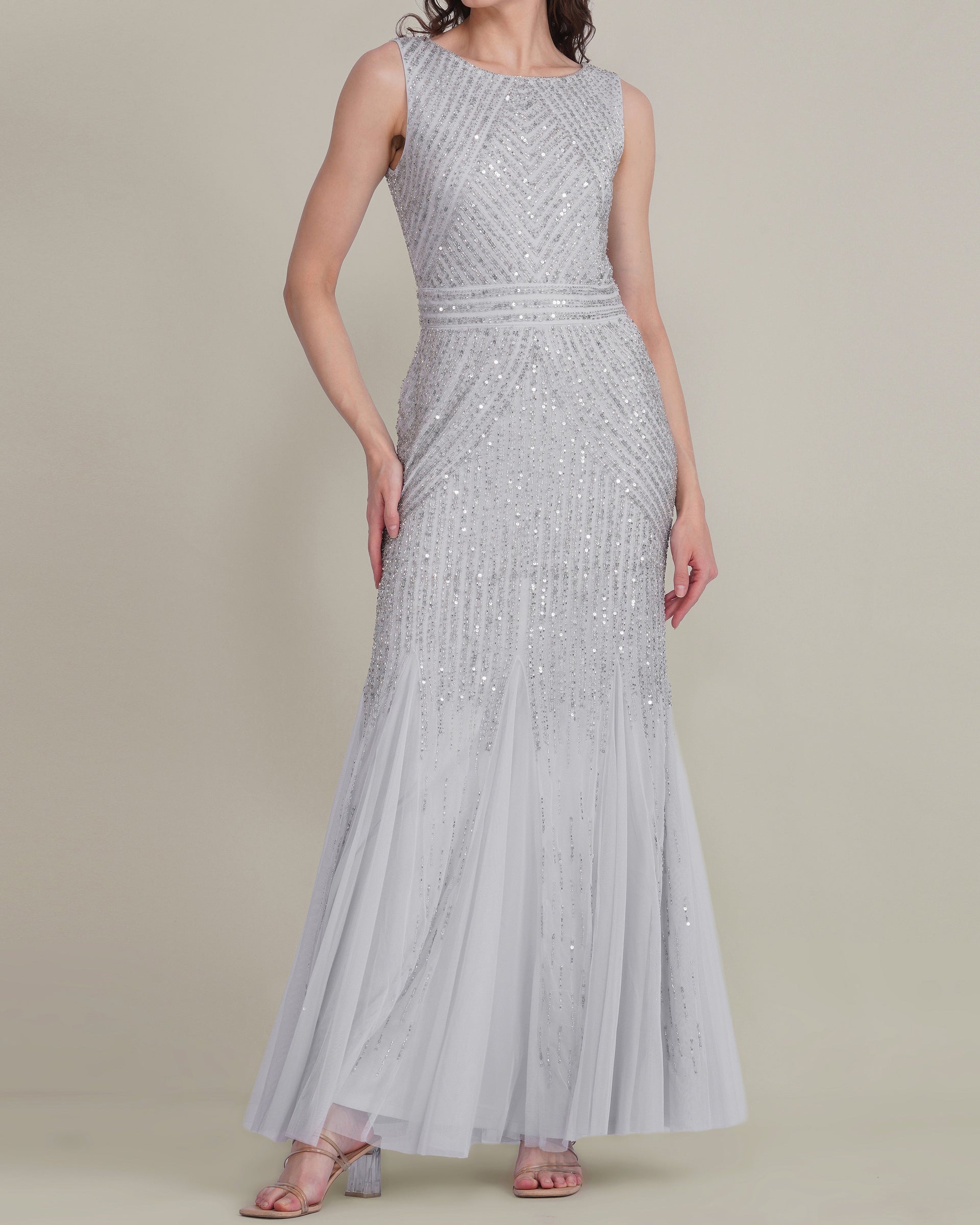 Silver Grey Embellished Sequin Sleevess Maxi Dress Godet Fit and Flare 