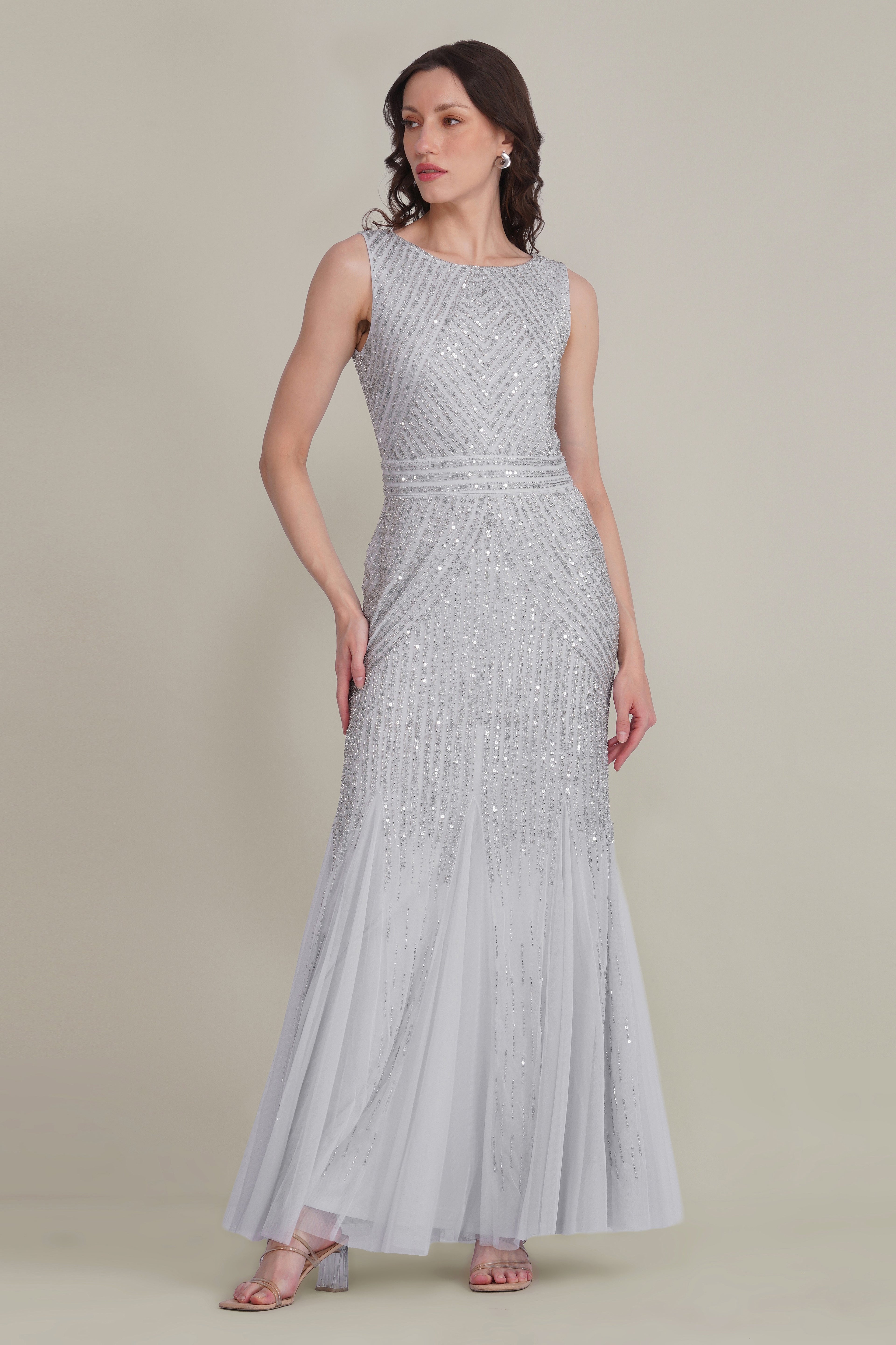 Silver Grey Embellished Sequin Sleevess Maxi Dress Godet Fit and Flare 