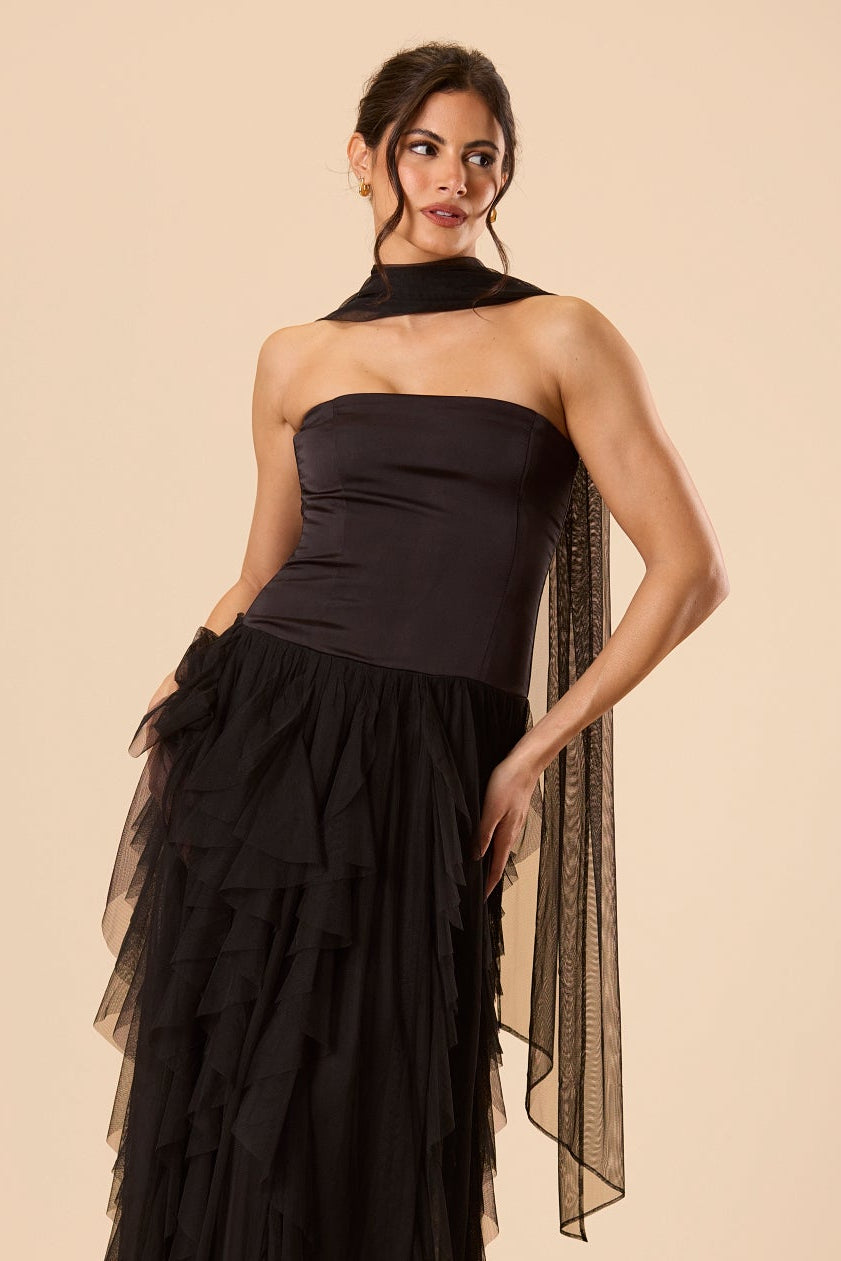 Twilight Strapless Maxi Dress With Scarf In Black