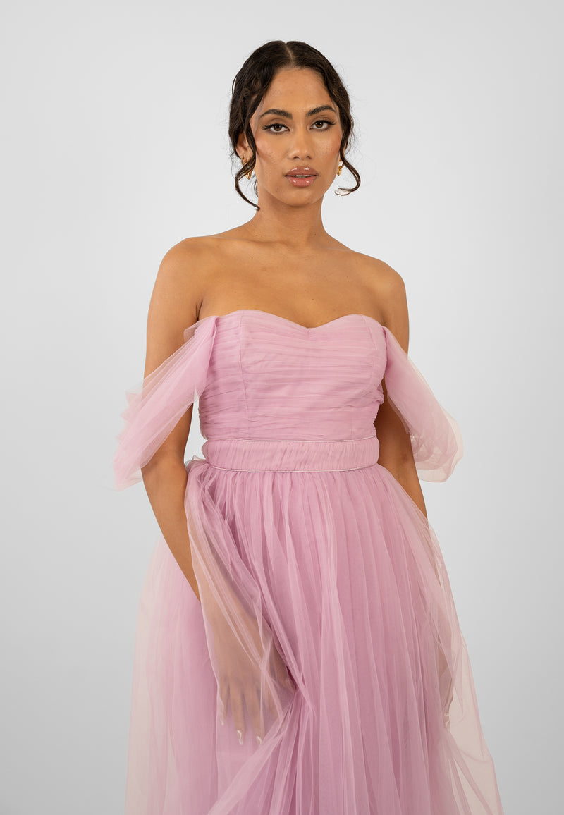 Melbourne Tulle Midi Dress in Pink Lace Beads