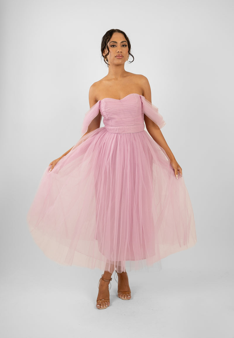 Melbourne Tulle Midi Dress in Pink