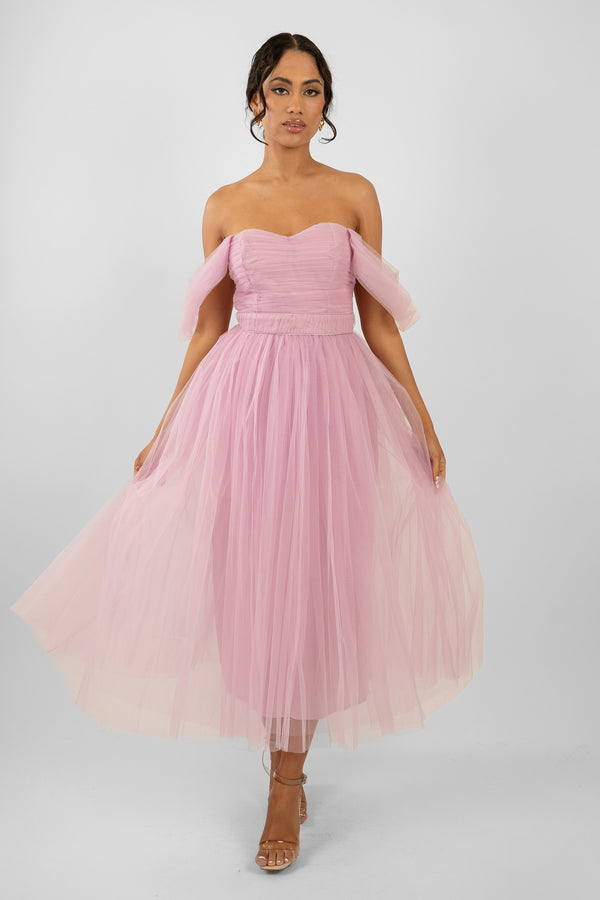 Melbourne Tulle Midi Dress in Pink