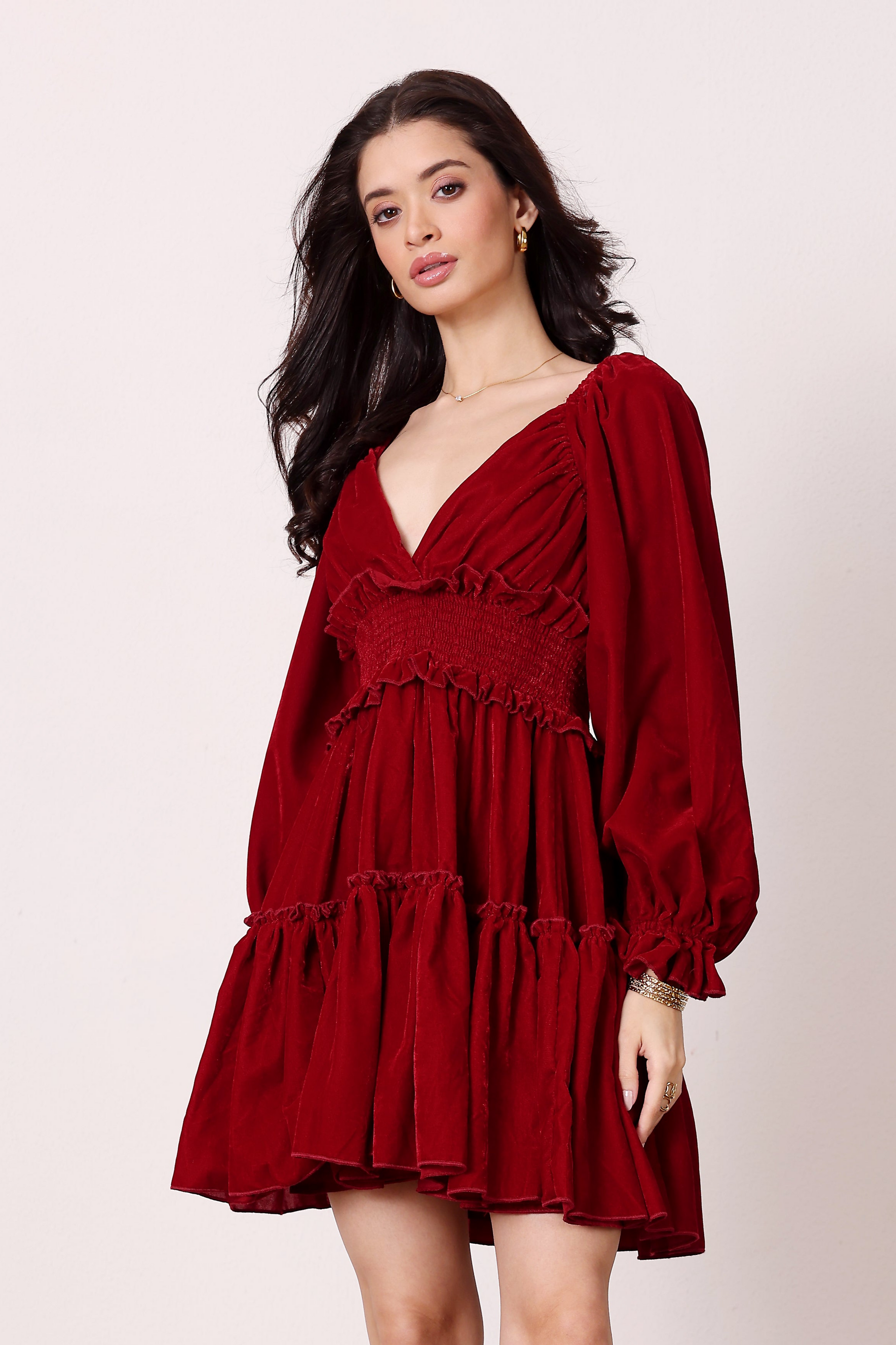 Velvet red oxblood long sleeve cinched waist party christmas deep v-neckline mini dress