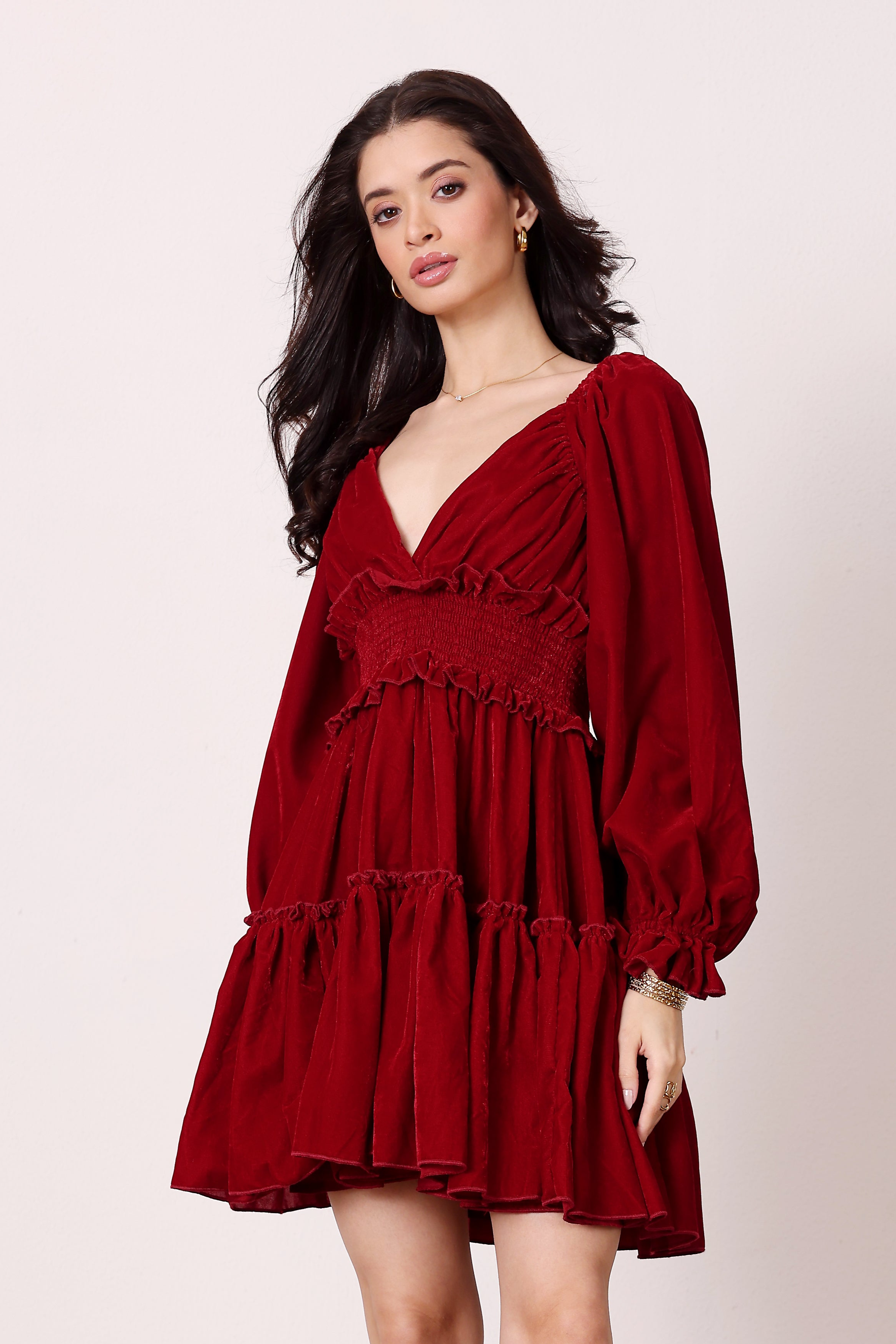 Velvet red oxblood long sleeve cinched waist party christmas deep v-neckline mini dress