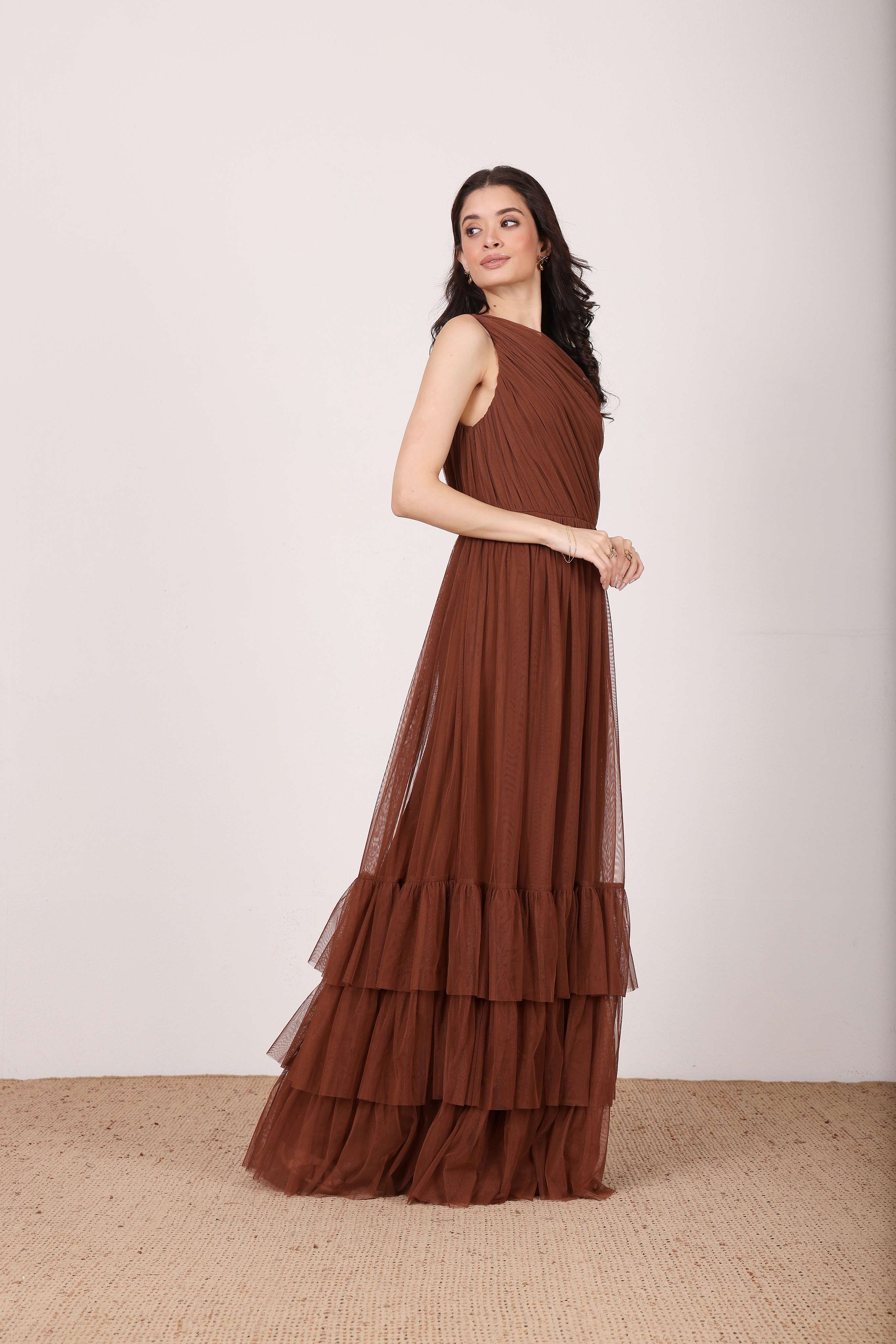 Nicolette One Shoulder Maxi Dress in Deep Brown