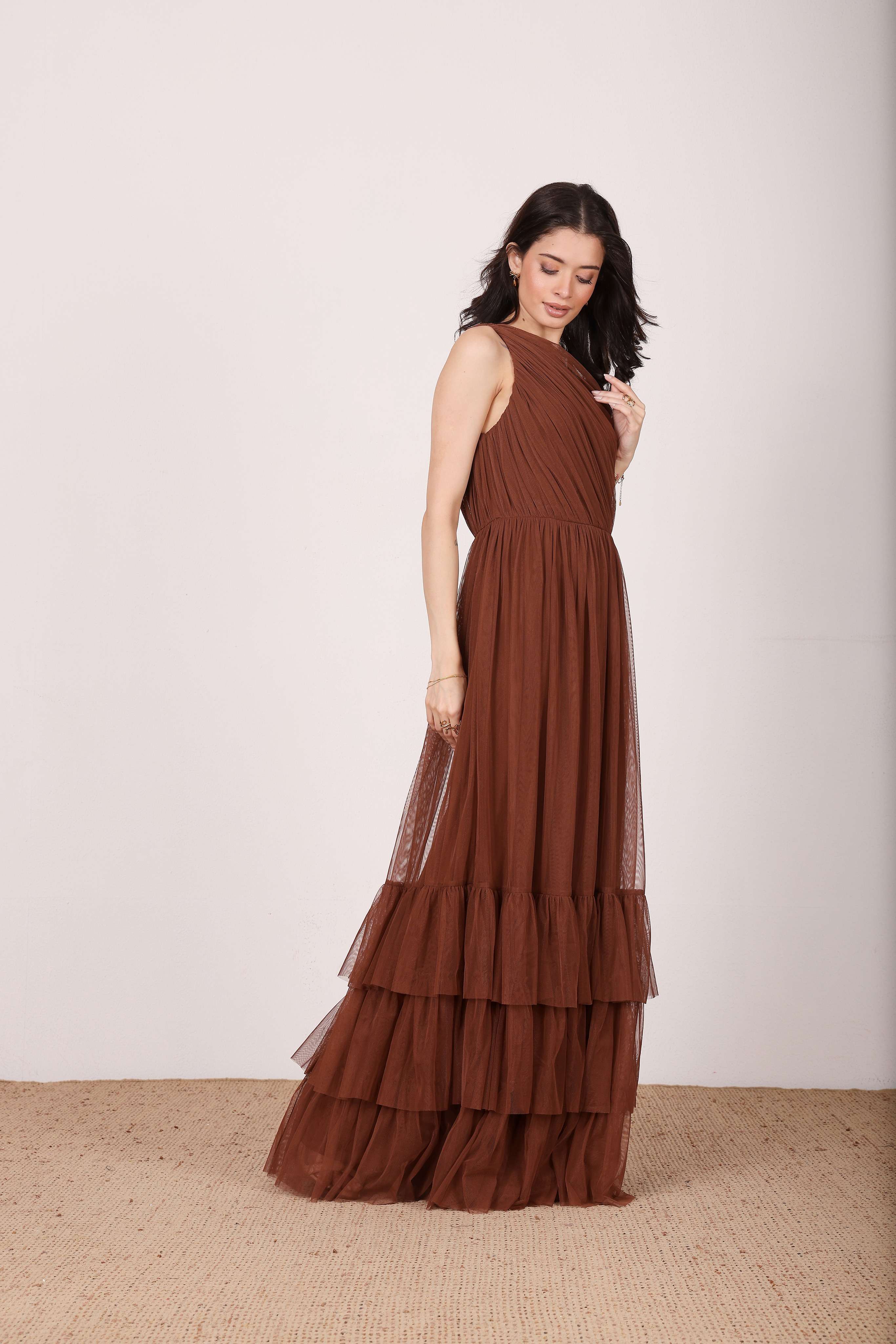 Nicolette One Shoulder Maxi Dress in Deep Brown