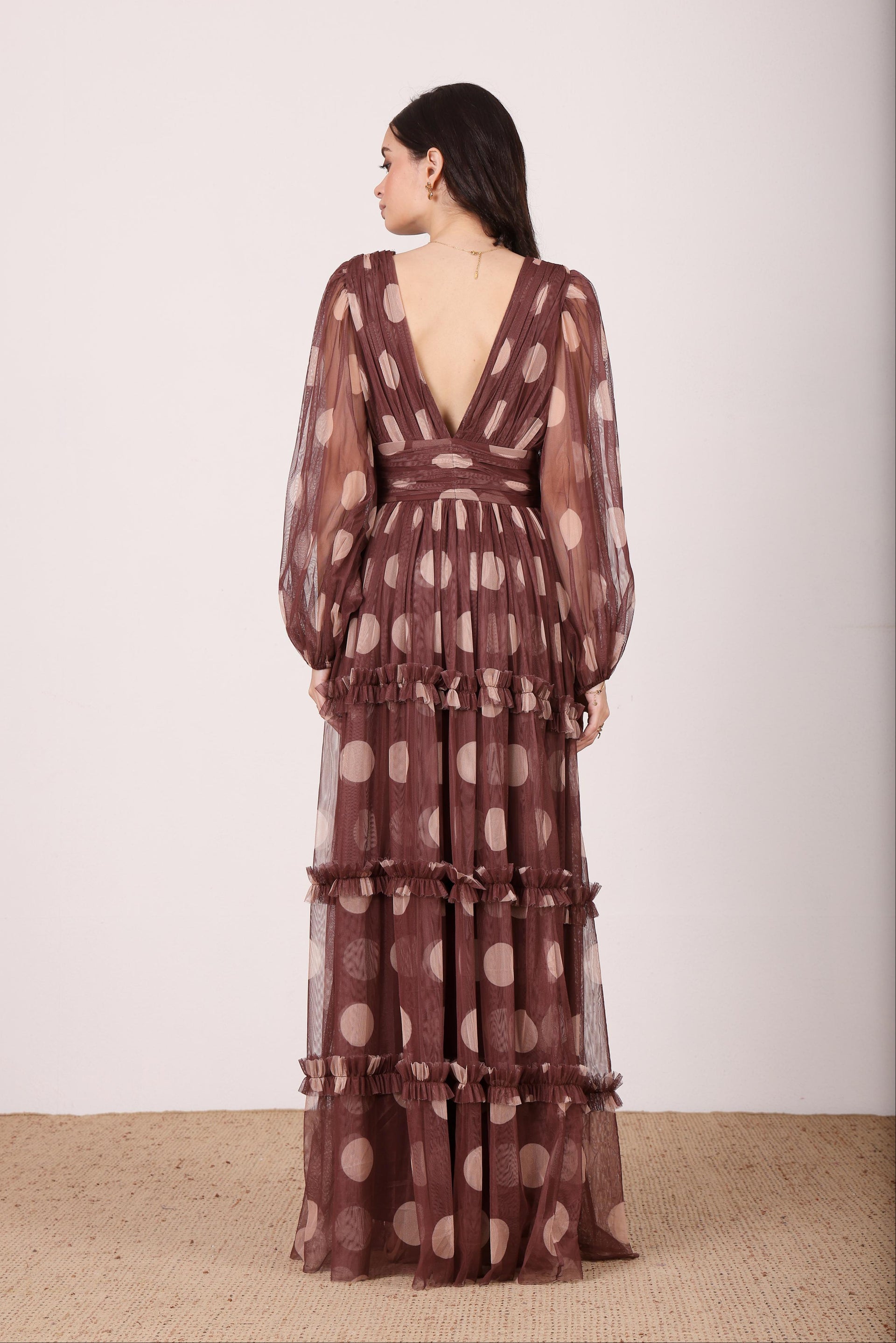 Lydia Maxi Dress in Mahogany Brown and Beige Polka Dot