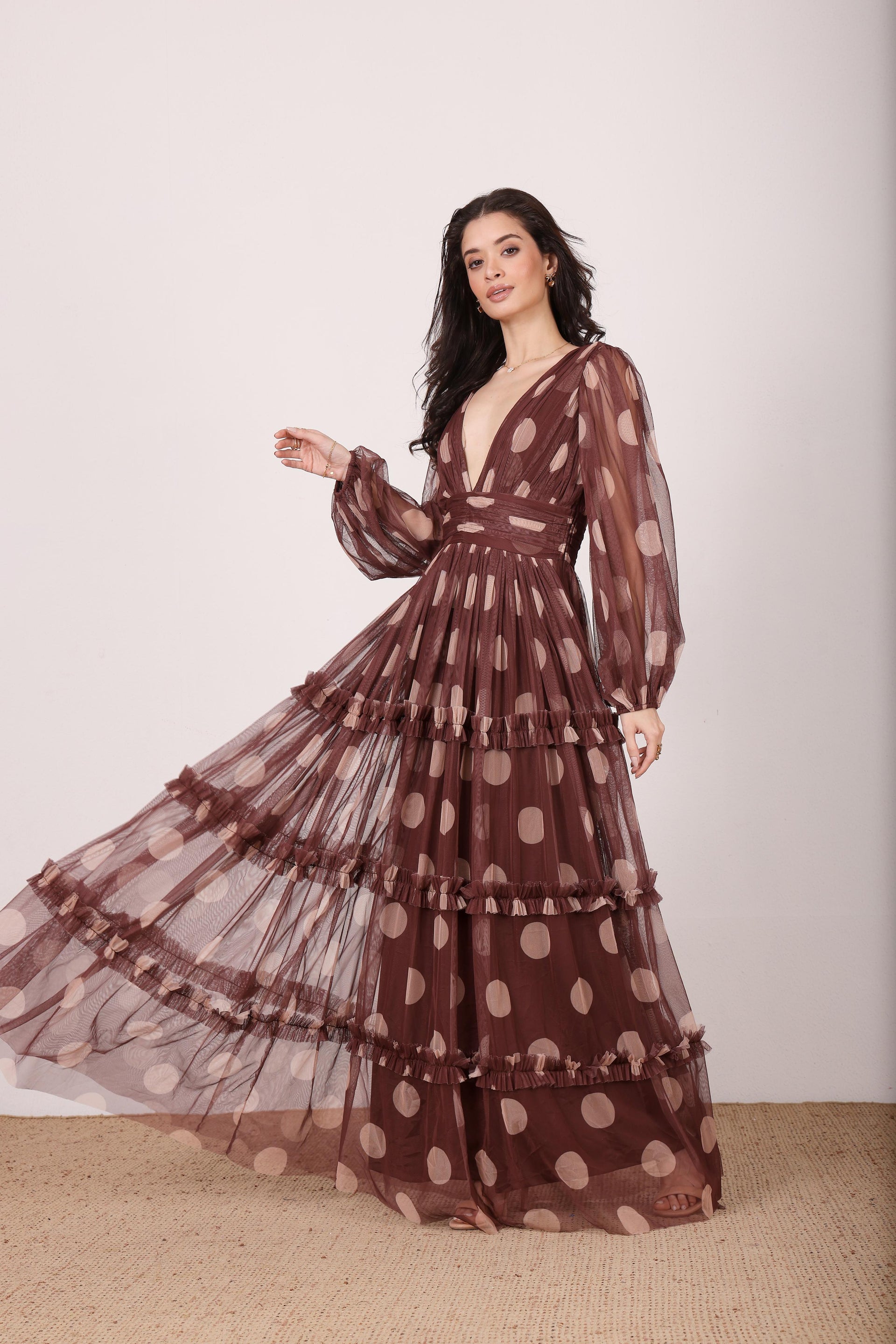 Lydia Maxi Dress in Mahogany Brown and Beige Polka Dot