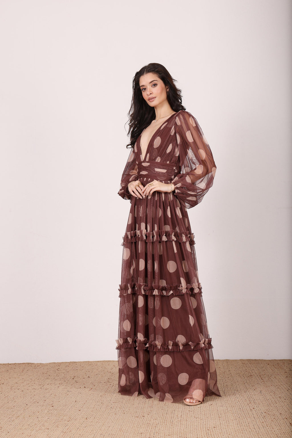 Lydia Maxi Dress in Mahogany Brown and Beige Polka Dot Lace & Beads Lydia Maxi Dress in Mahogany Brown and Beige Polka Dot Lace & Beads