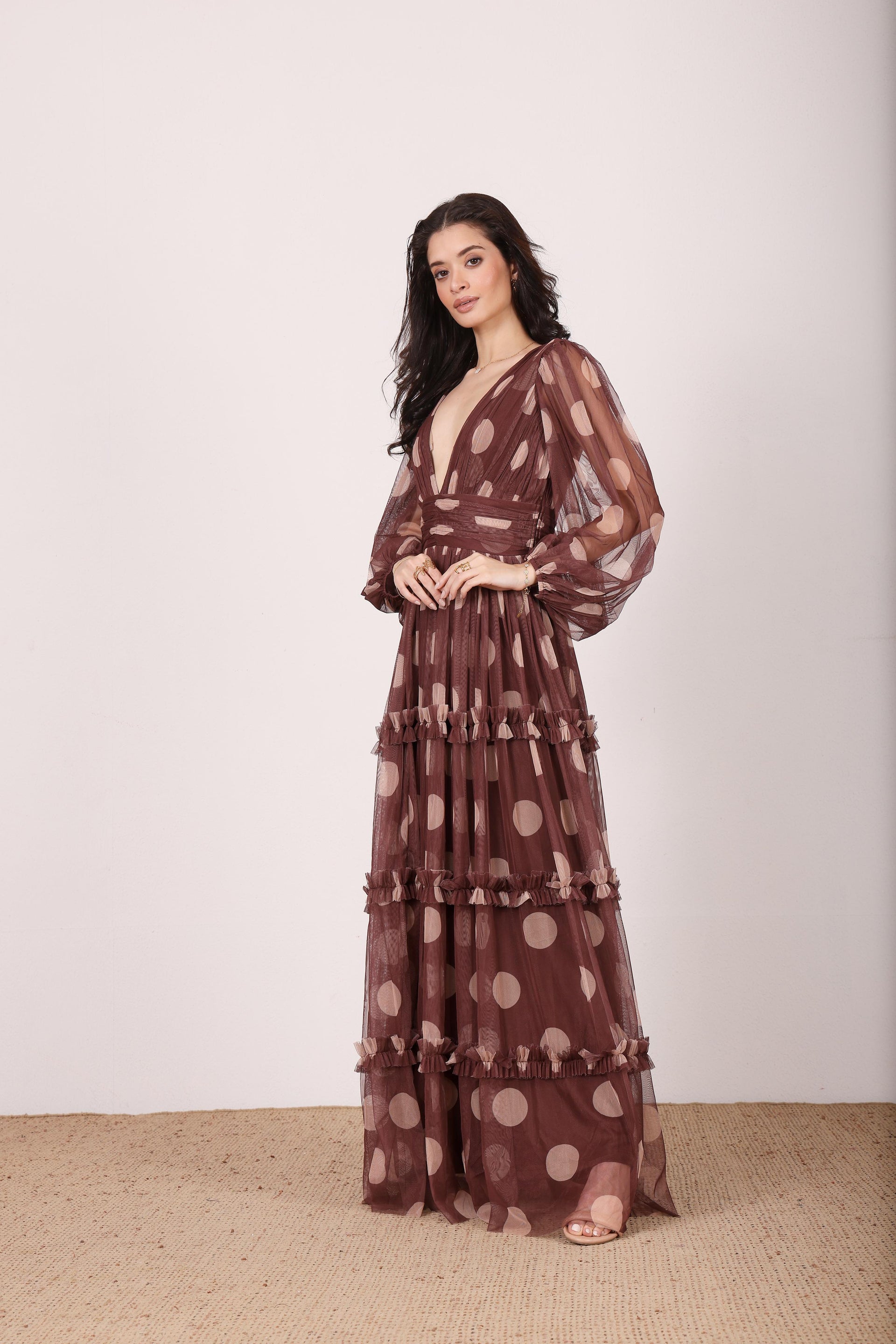 Lydia Maxi Dress in Mahogany Brown and Beige Polka Dot