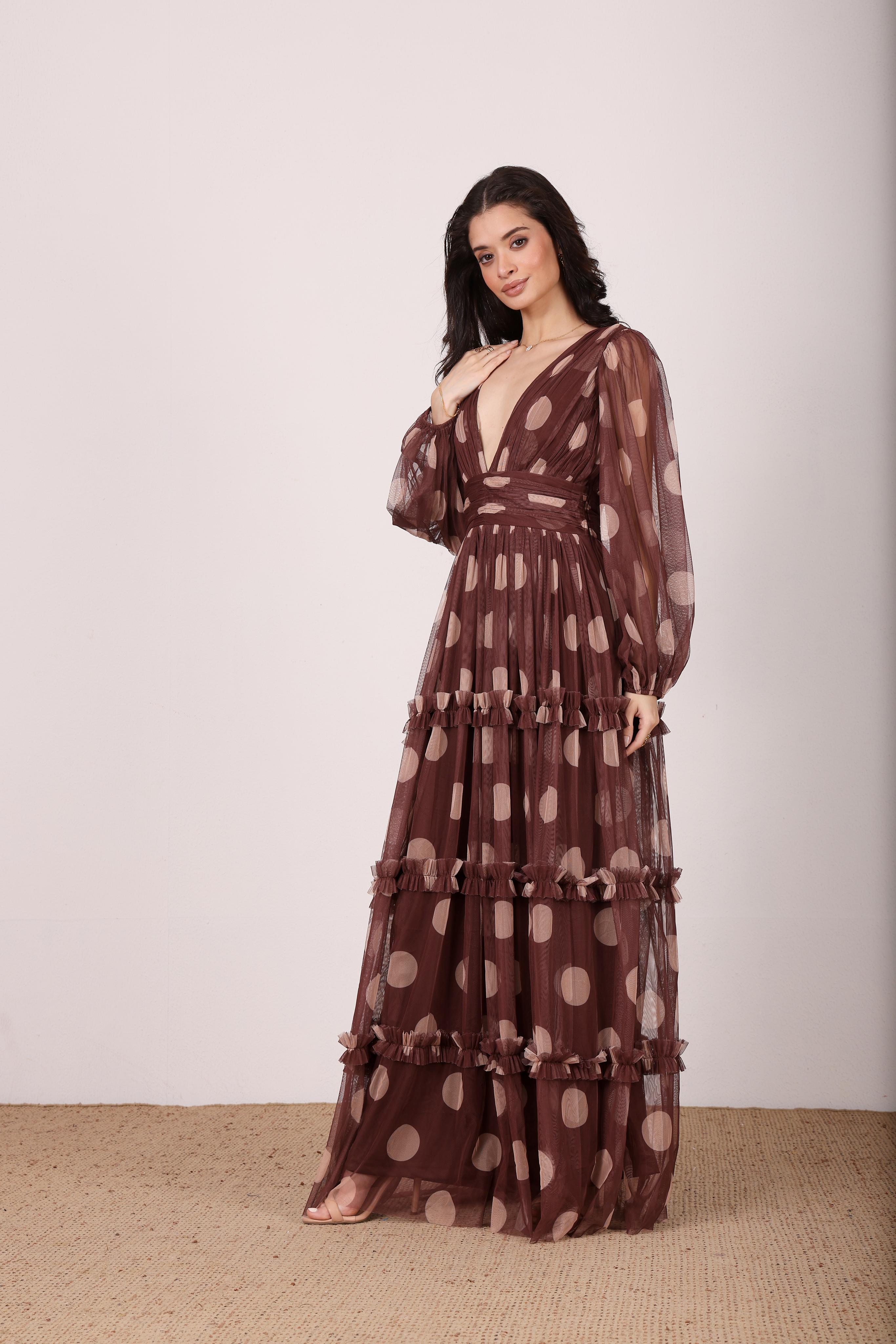 beige sweater dress midi Lydia Maxi Dress in Mahogany Brown and Beige Polka Dot UK12 / Mahogany and Beige Polka Dot