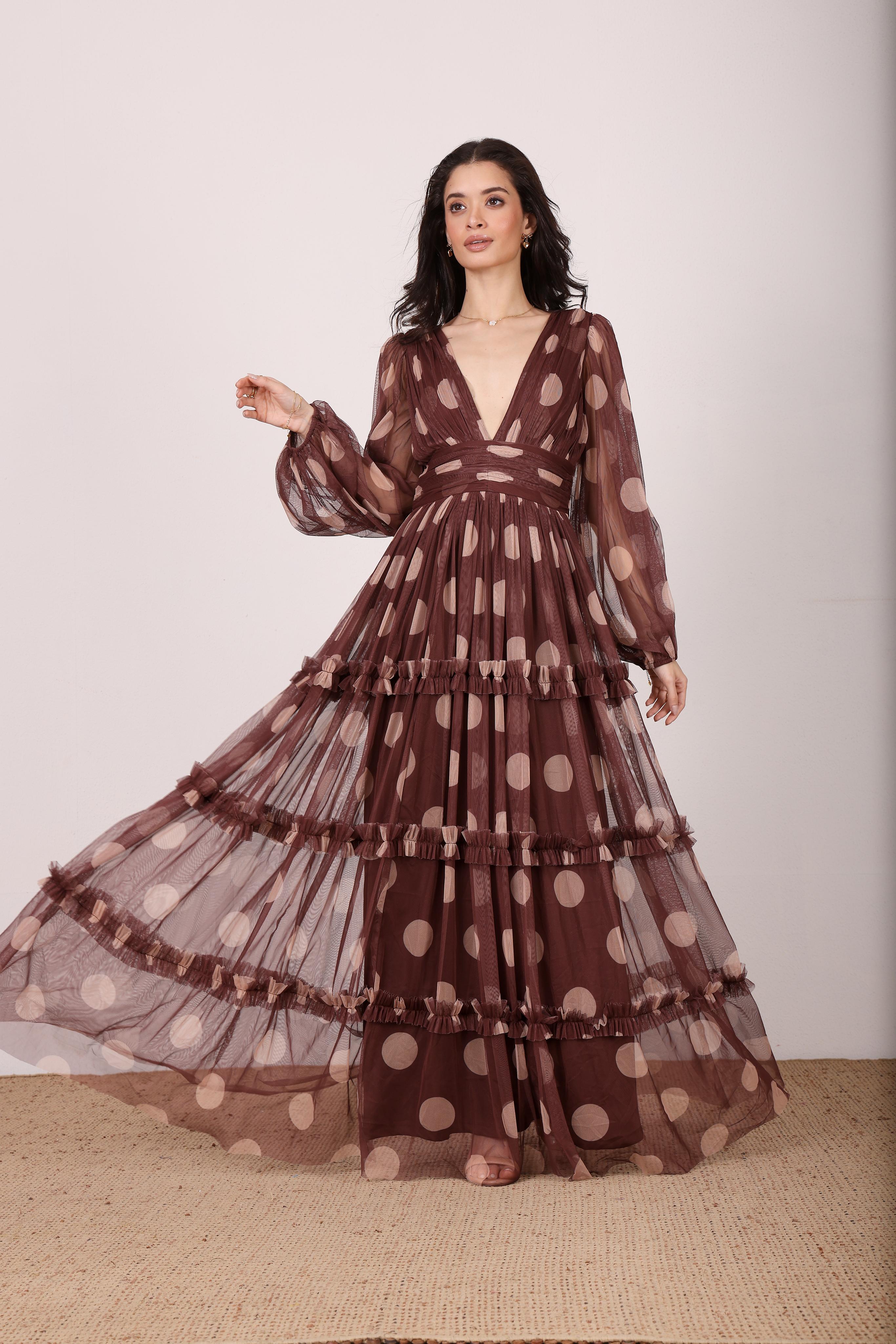 Lydia Maxi Dress in Mahogany Brown and Beige Polka Dot