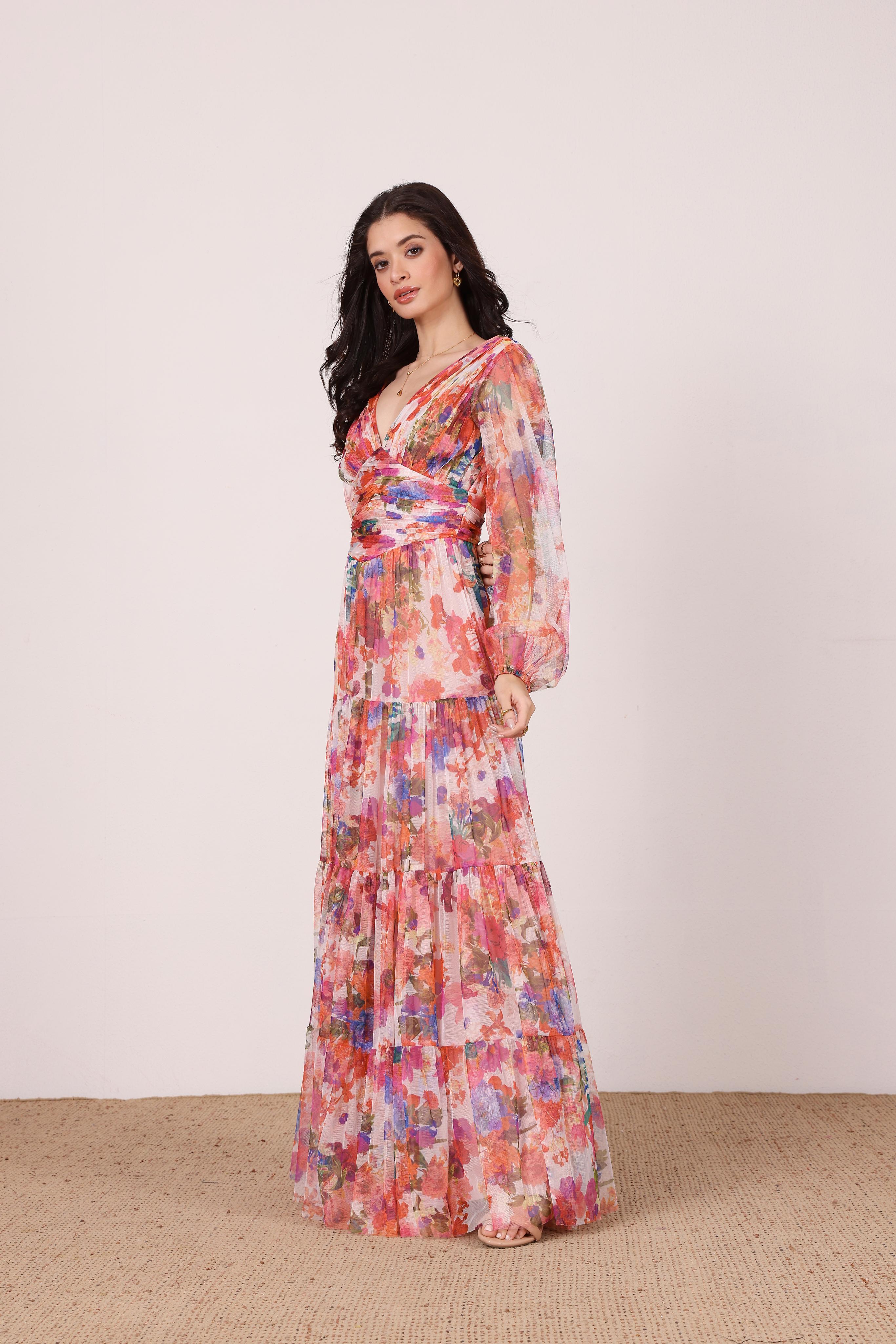 Munez Long Sleeve Maxi Dress in Mixed Floral
