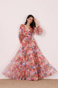 Long sleeve tulle mesh cinched waist tiered skirt v-neckline mixed pink floral formal maxi dress