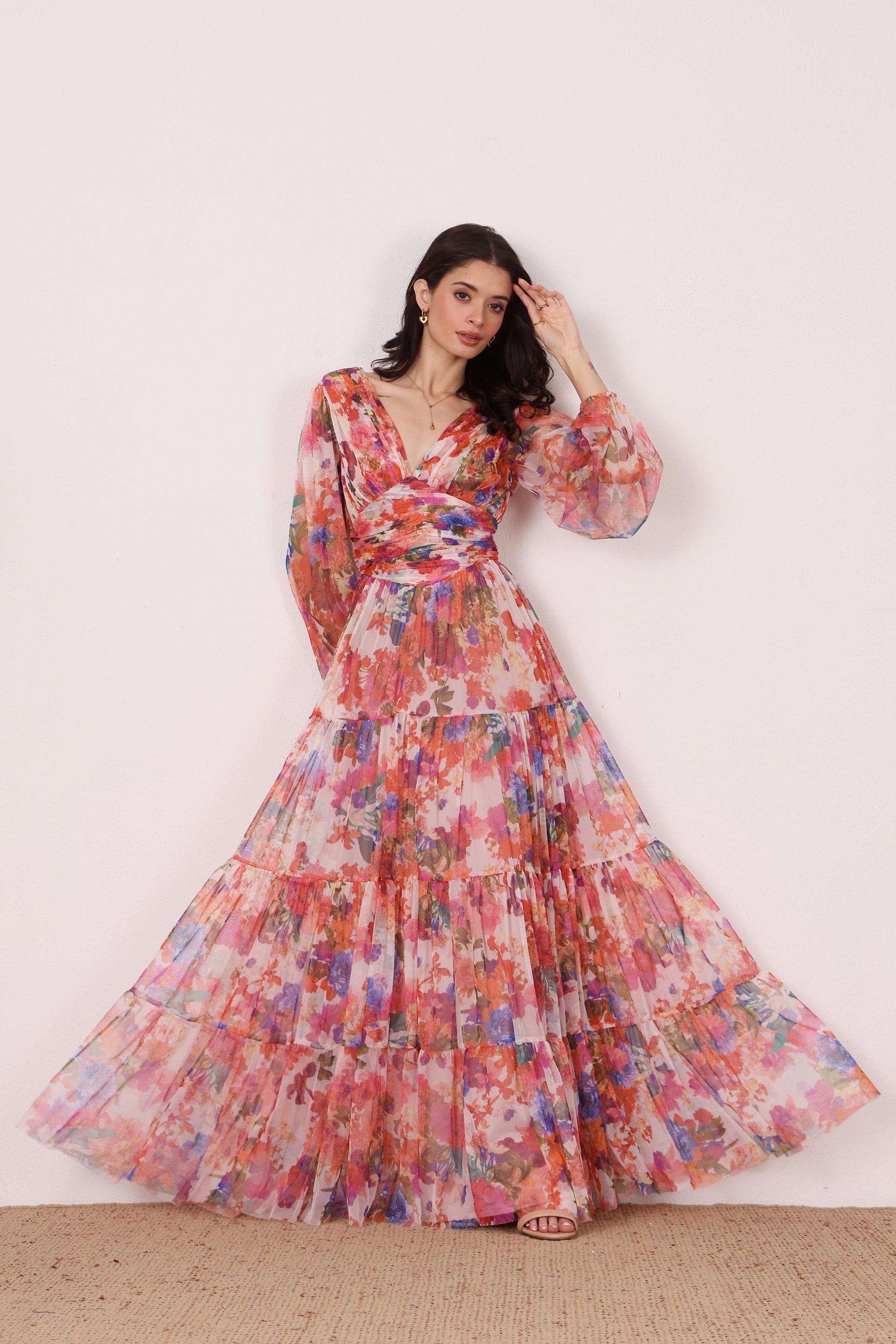 Long sleeve tulle mesh cinched waist tiered skirt v-neckline mixed pink floral formal maxi dress